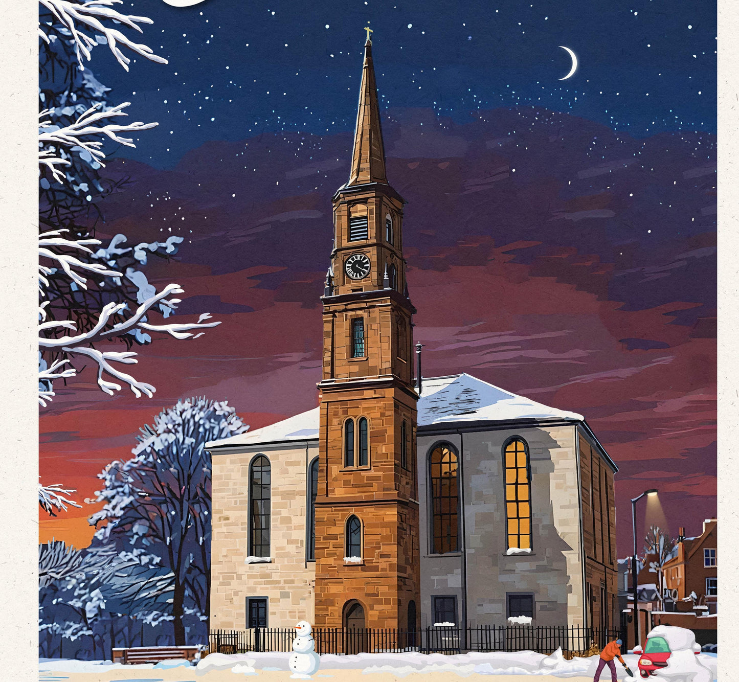 Strathaven Travel Poster – Old Church - Starry Winter's Evening - Fox - Snowman