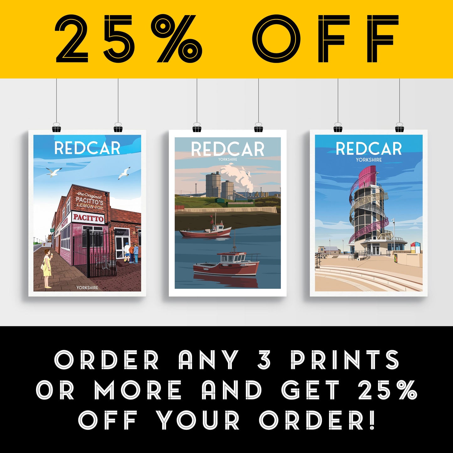 Redcar Travel Poster - Fishing Boats & Power Station Print