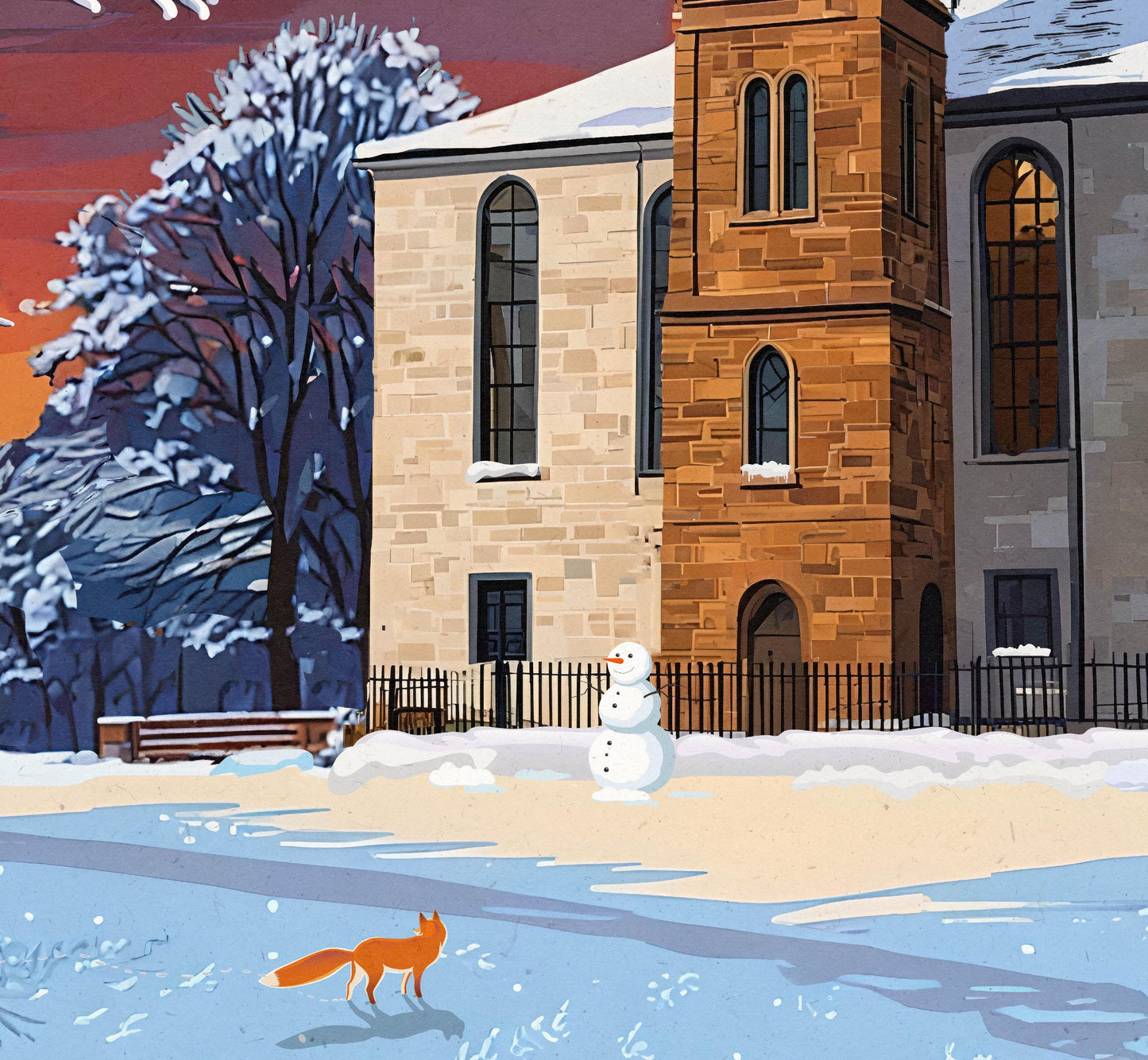Strathaven Travel Poster – Old Church - Starry Winter's Evening - Fox - Snowman