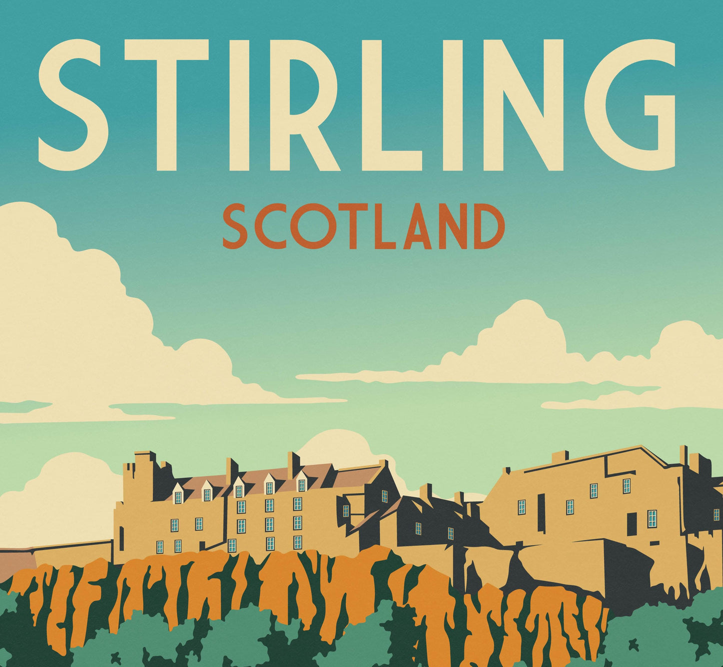 Stirling Castle Travel Poster - Highland Cow - Scotland Print
