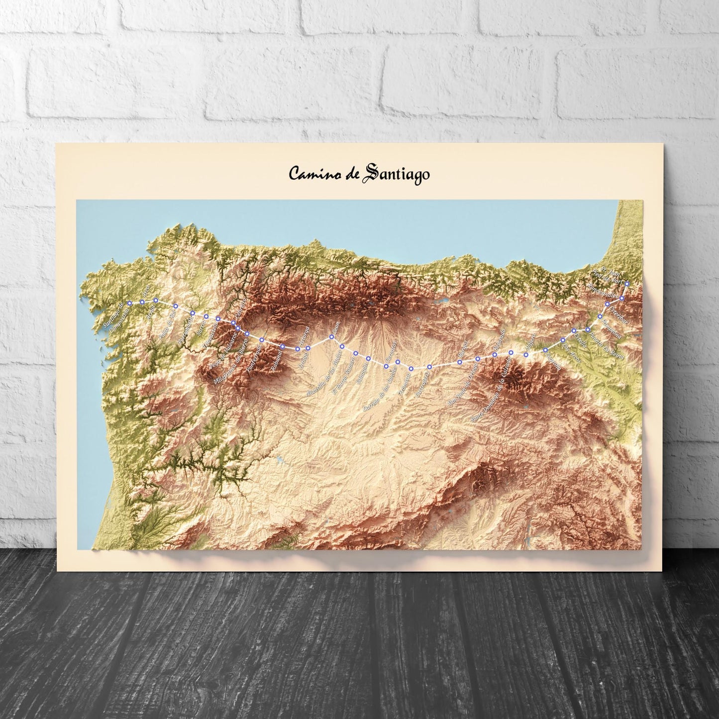 Camino de Santiago 3D Shaded Trail Map | Pilgrimage Route Wall Art | A3, A2, A1