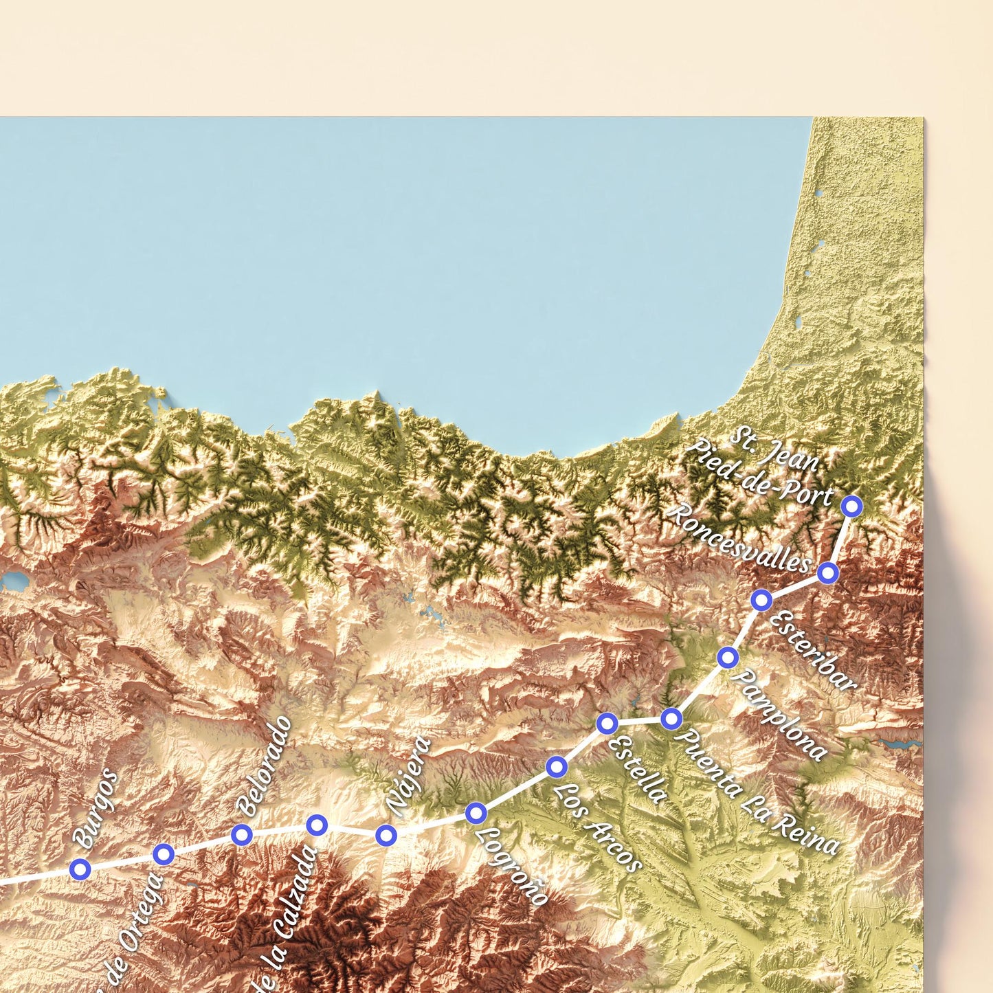 Camino de Santiago 3D Shaded Trail Map | Pilgrimage Route Wall Art | A3, A2, A1