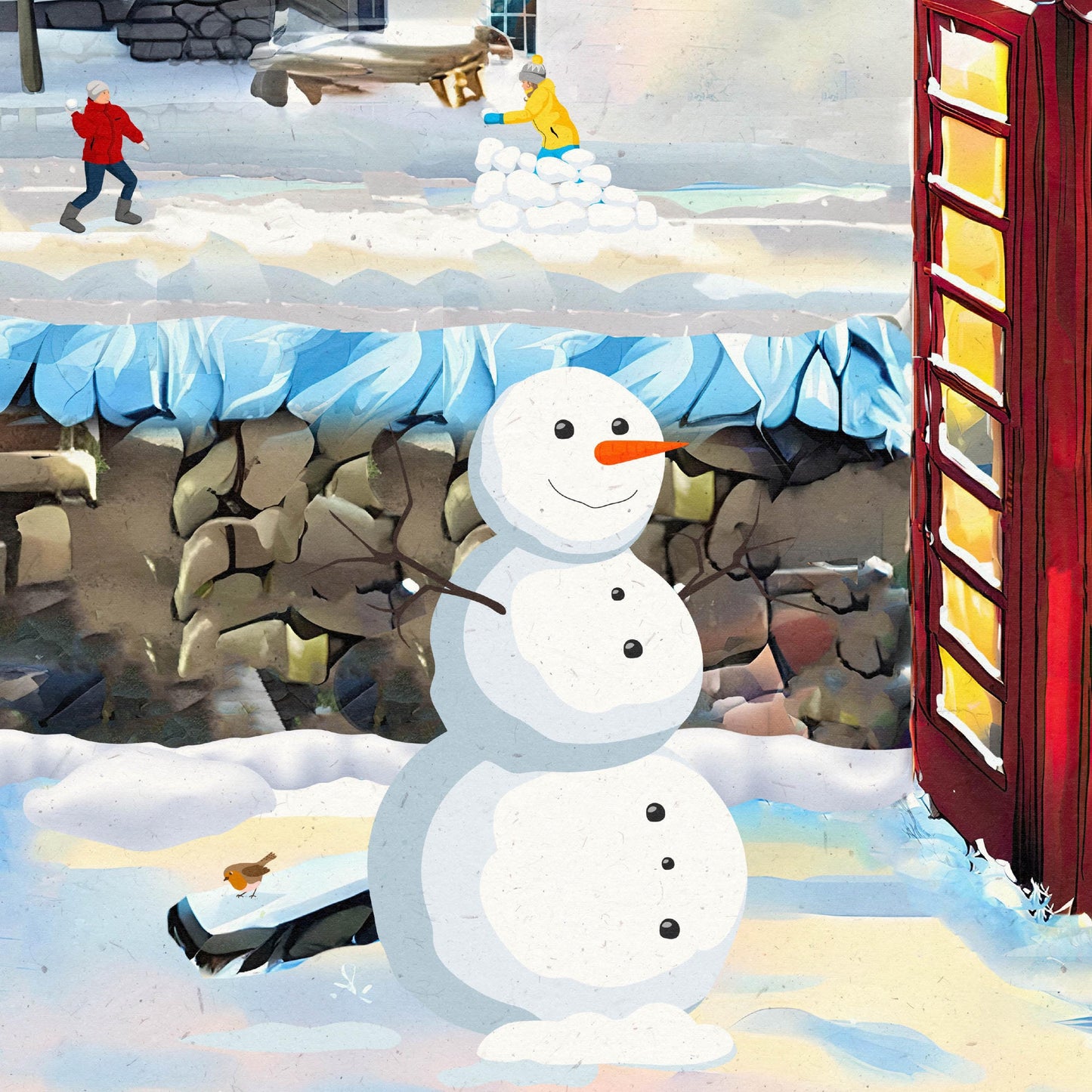 Nedd Travel Poster – Sheep & Red Telephone Booth on a Starry Winter Night – A4, A3, A2, A1