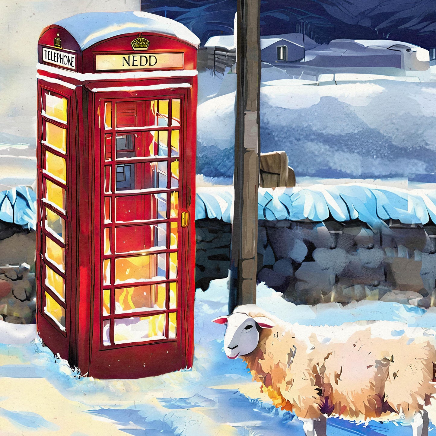 Nedd Travel Poster – Sheep & Red Telephone Booth on a Starry Winter Night – A4, A3, A2, A1
