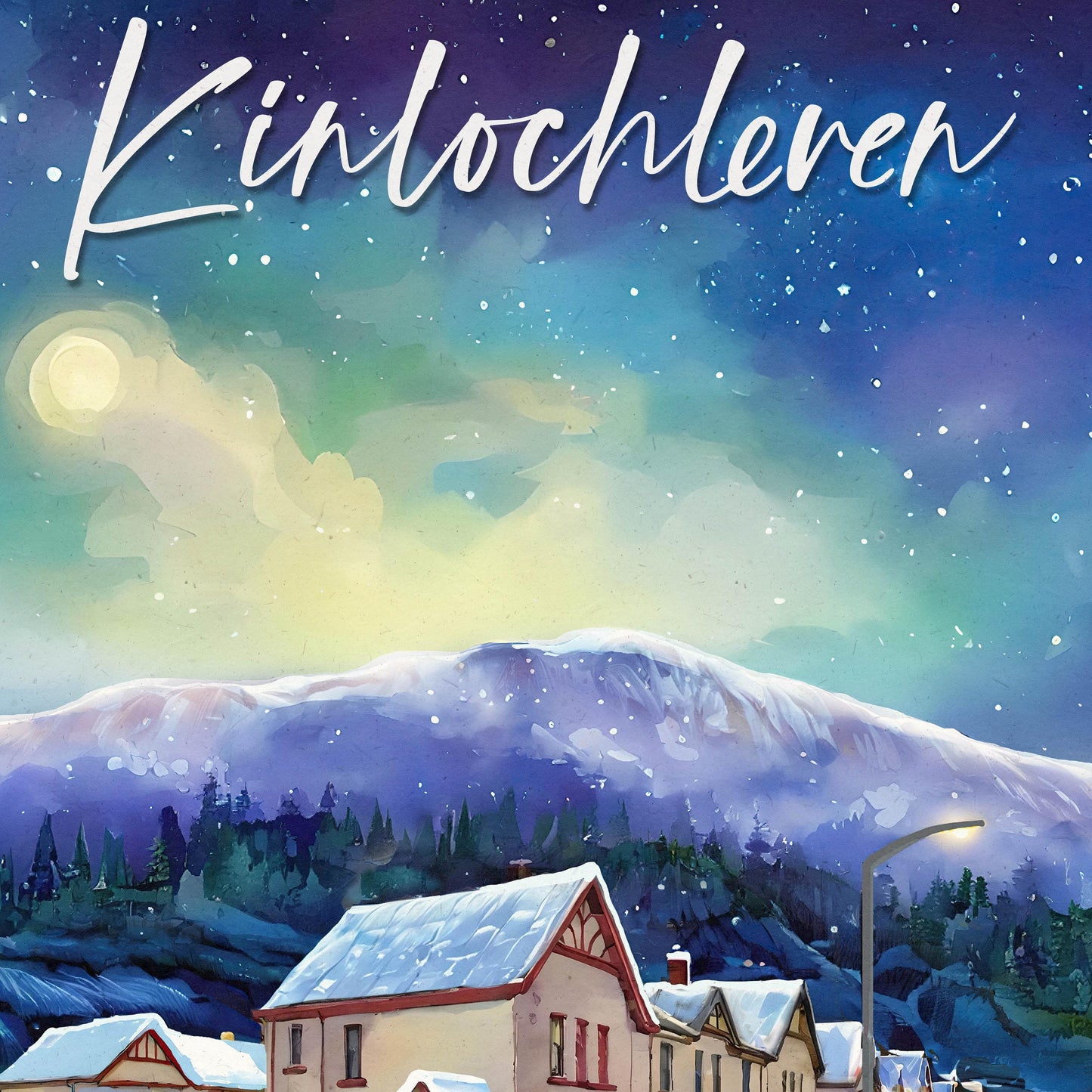 Kinlochleven Travel Poster – Deer on a Snowy Road with Highland Hills – A4, A3, A2, A1