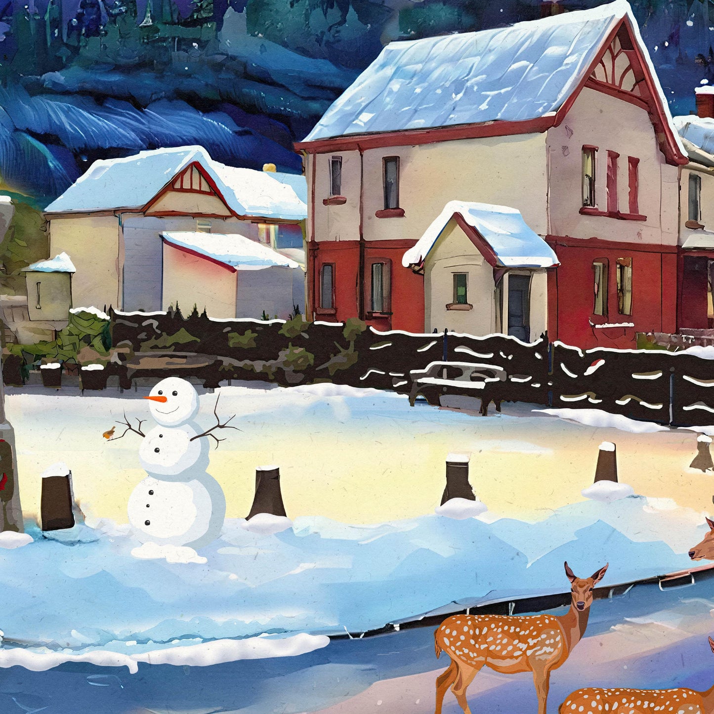 Kinlochleven Travel Poster – Deer on a Snowy Road with Highland Hills – A4, A3, A2, A1
