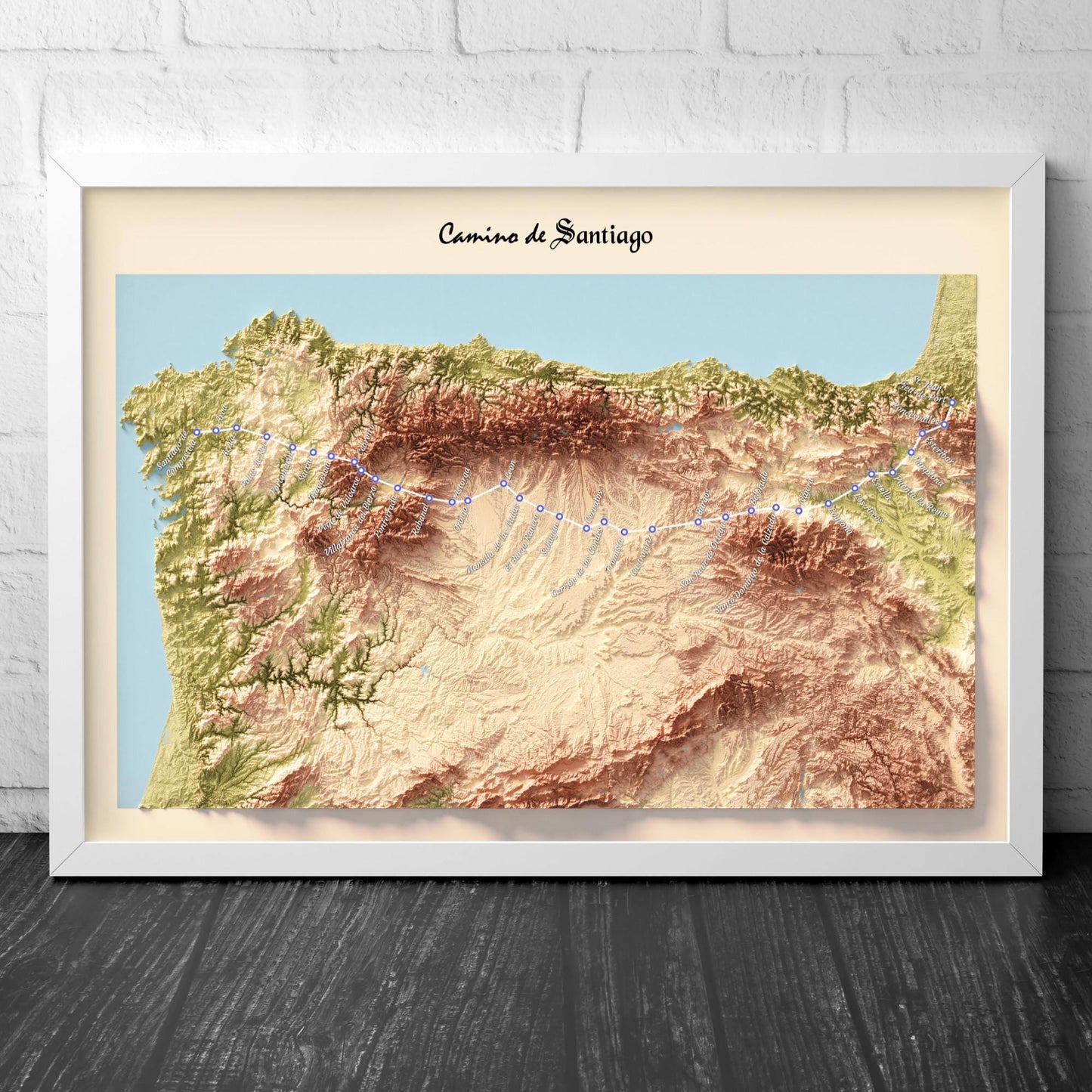 Camino de Santiago 3D Shaded Trail Map | Pilgrimage Route Wall Art | A3, A2, A1