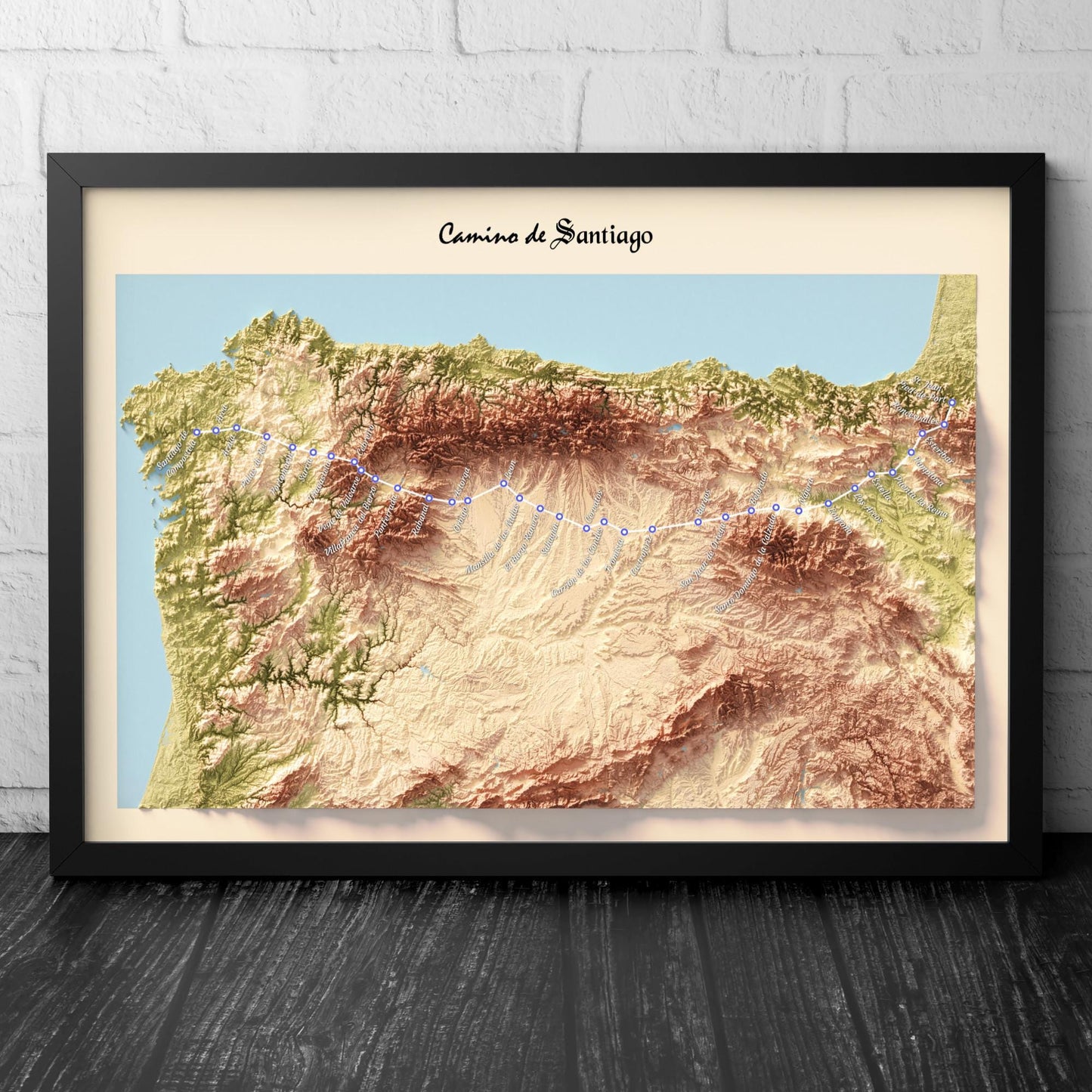Camino de Santiago 3D Shaded Trail Map | Pilgrimage Route Wall Art | A3, A2, A1