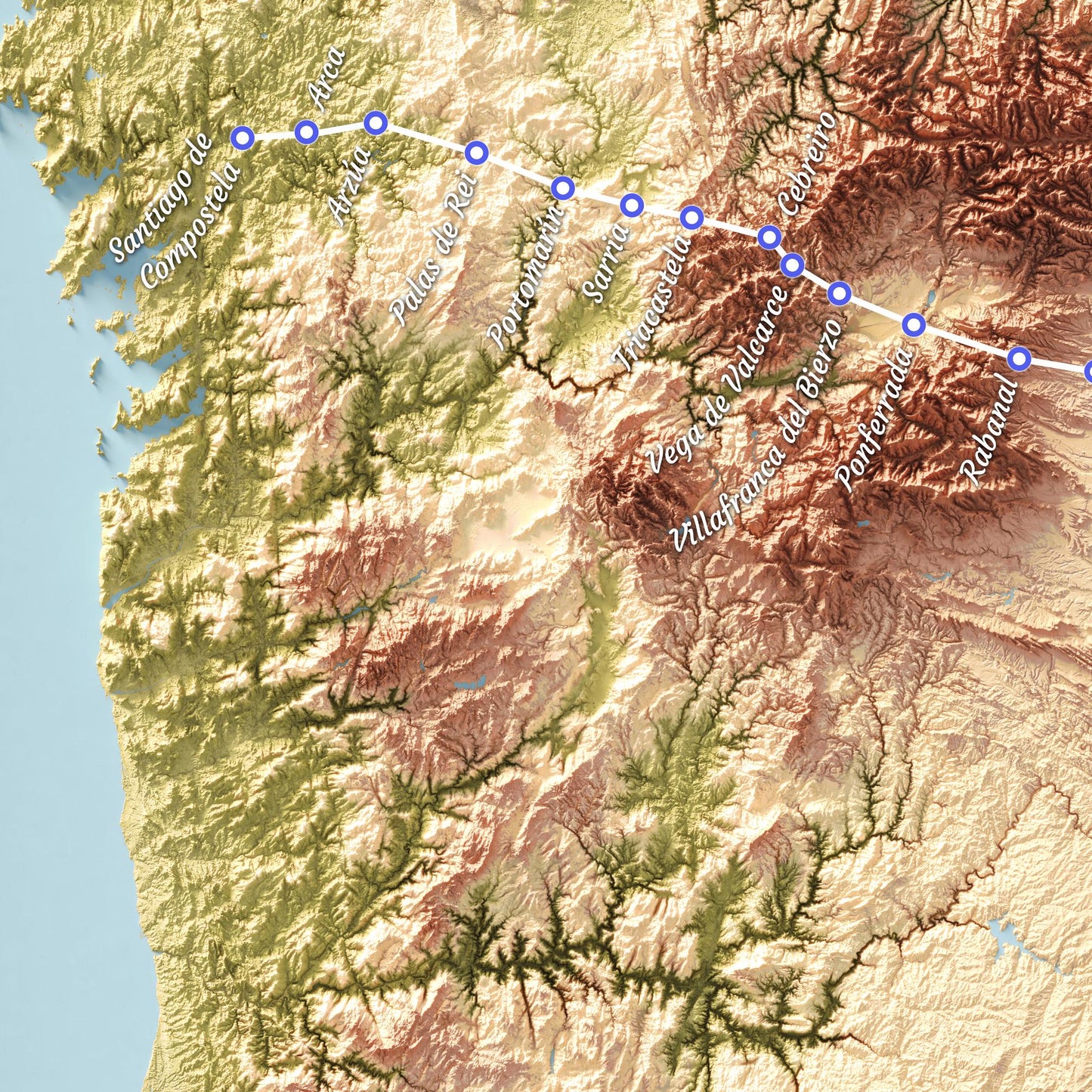 Camino de Santiago 3D Shaded Trail Map | Pilgrimage Route Wall Art | A3, A2, A1