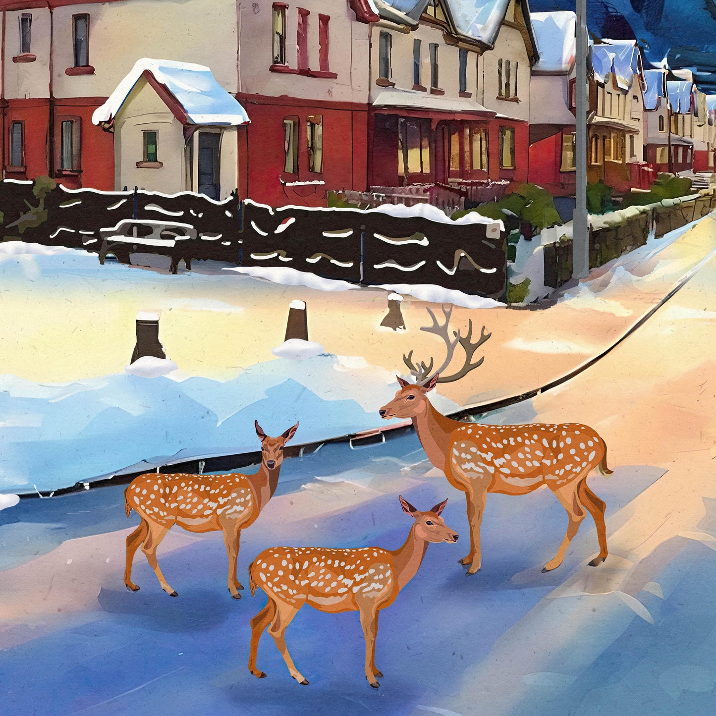 Kinlochleven Travel Poster – Deer on a Snowy Road with Highland Hills – A4, A3, A2, A1