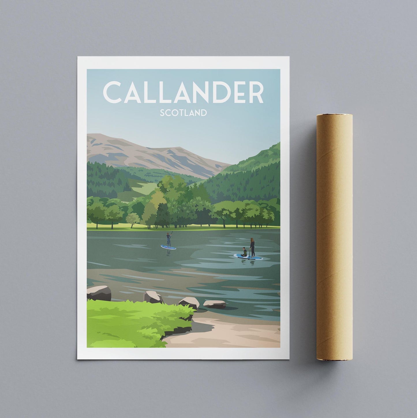 Callander Print - Scottish Travel Poster - Loch Lubnaig - Perthshire - Paddle Boarding