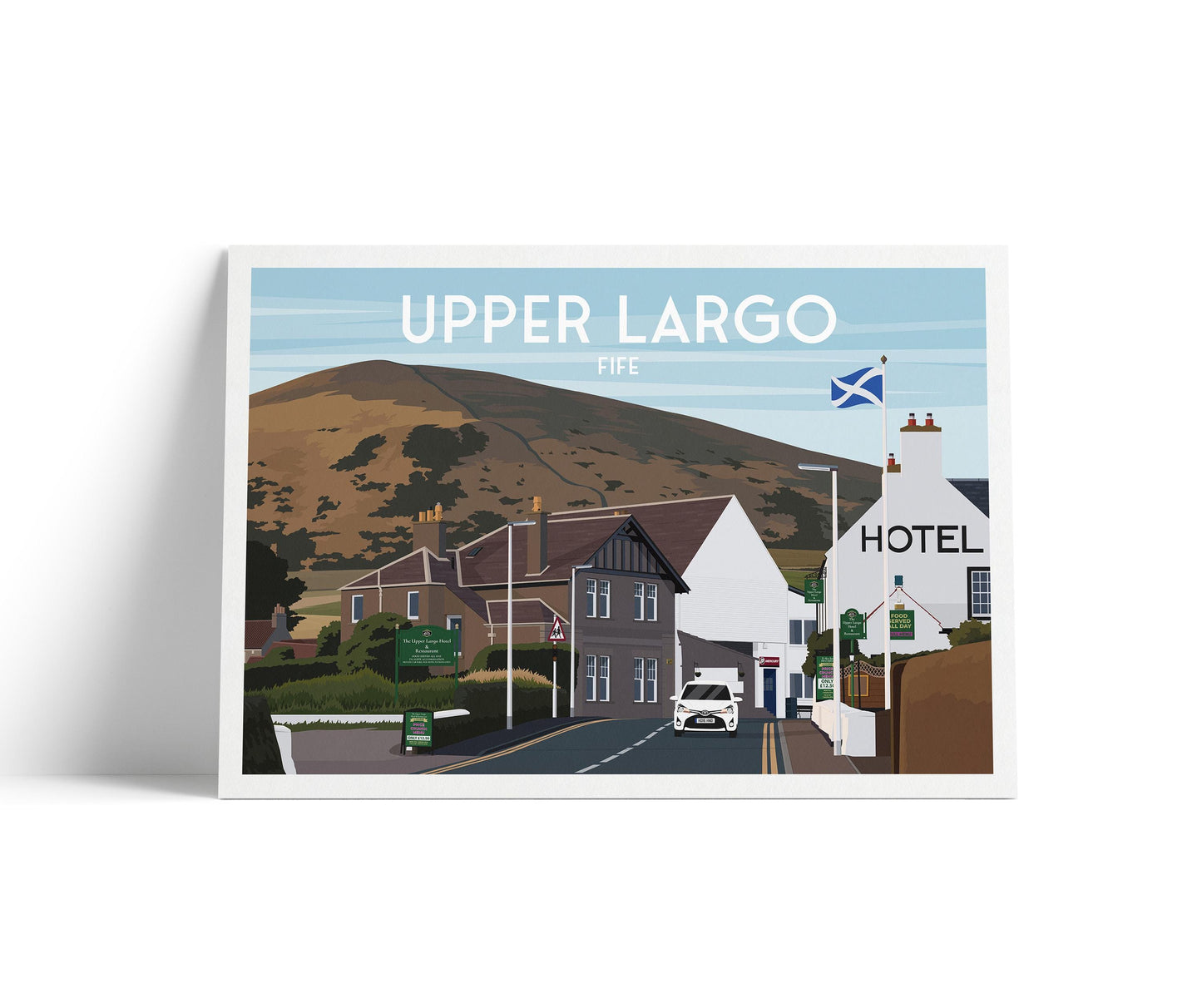 Upper Largo Travel Poster, Fife Wall Art Print – Scottish Village Artwork Featuring The Upper Largo Hotel and Largo Law