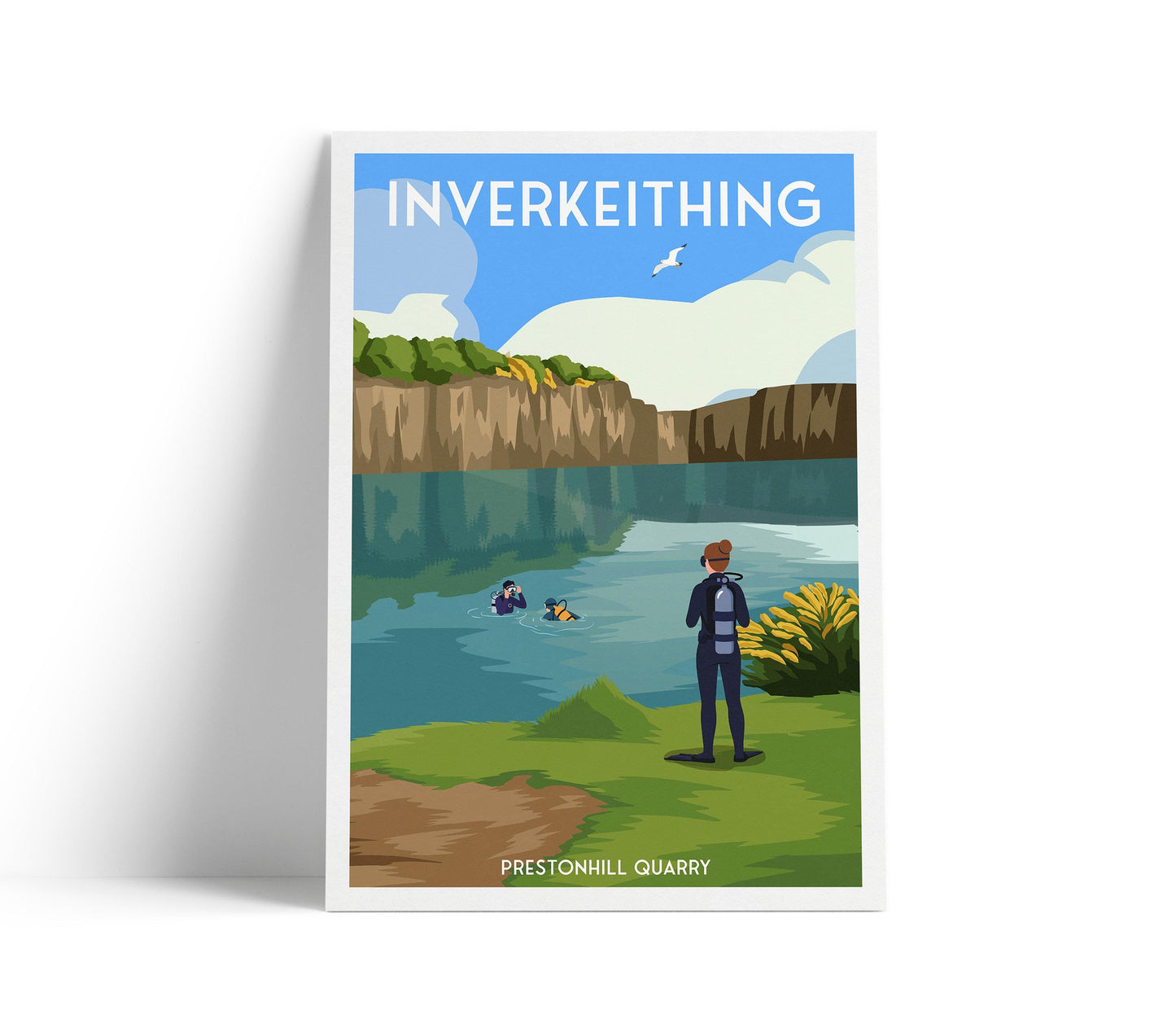 Inverkeithing Travel Poster | Scuba Diver at Prestonhill Quarry | A4–A1 Sizes | Matte or Satin Finish