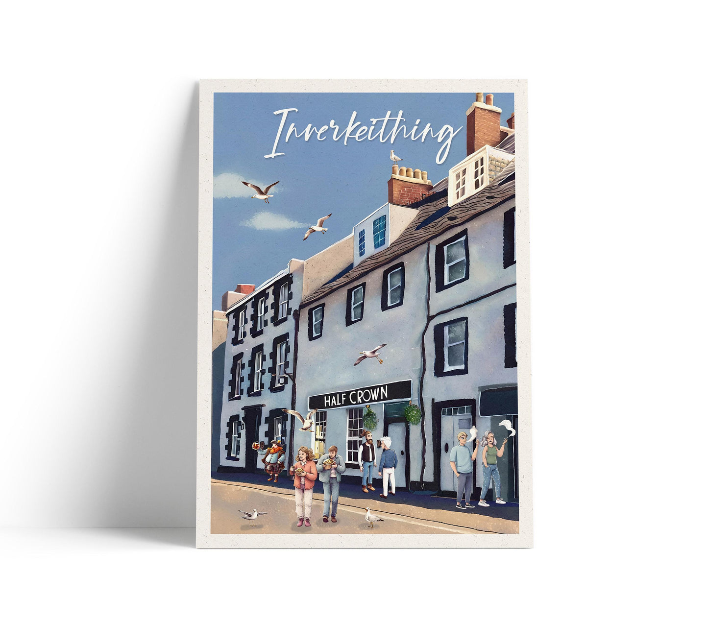 Whimsical Inverkeithing Poster | Featuring The Half Crown Pub | Unique Scotland Art Print | A4–A1 Sizes
