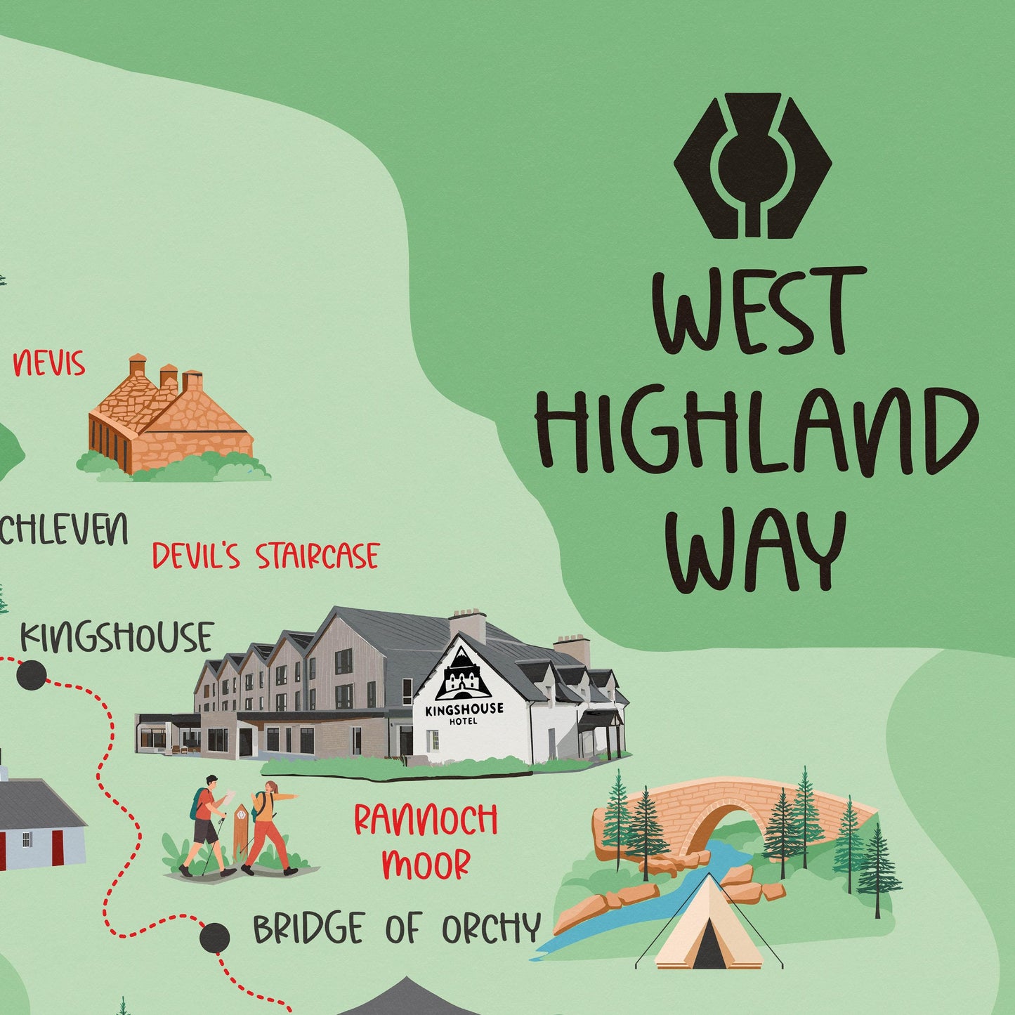 West Highland Way Map | Milngavie to Fort William | Scottish Trails | Drymen - Rowardennan - Inverarnan - Kingshouse - Glencoe - Ben Nevis
