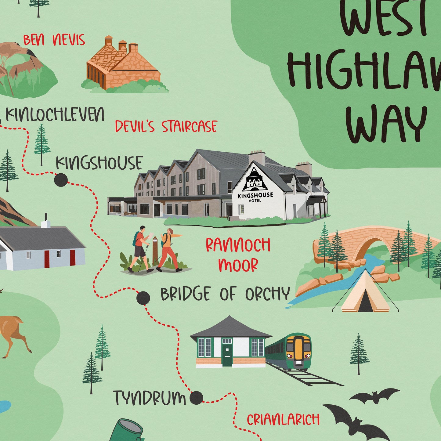 West Highland Way Map | Milngavie to Fort William | Scottish Trails | Drymen - Rowardennan - Inverarnan - Kingshouse - Glencoe - Ben Nevis