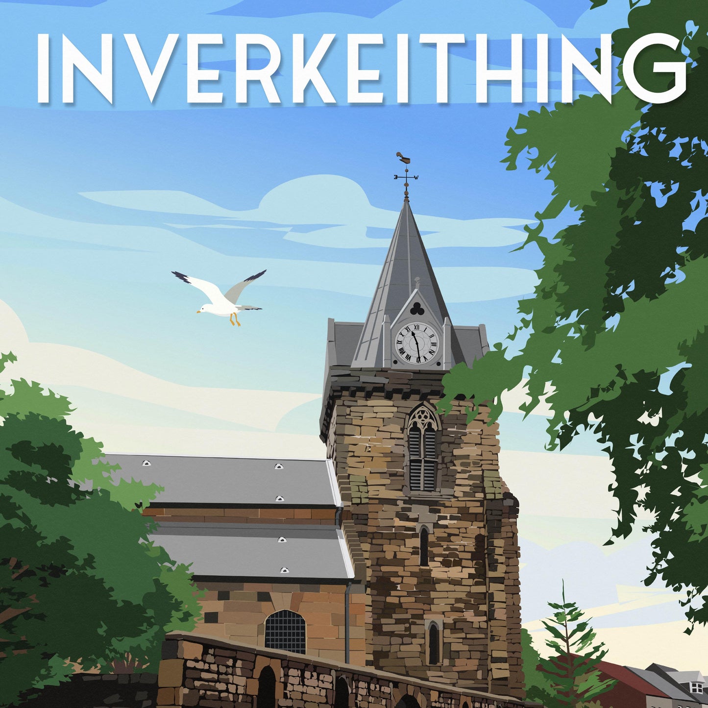 Inverkeithing Parish Church Travel Poster – Scottish Wall Art Print | Historic Fife Illustration | A4 A3 A2 A1 | Matt or Satin Finish