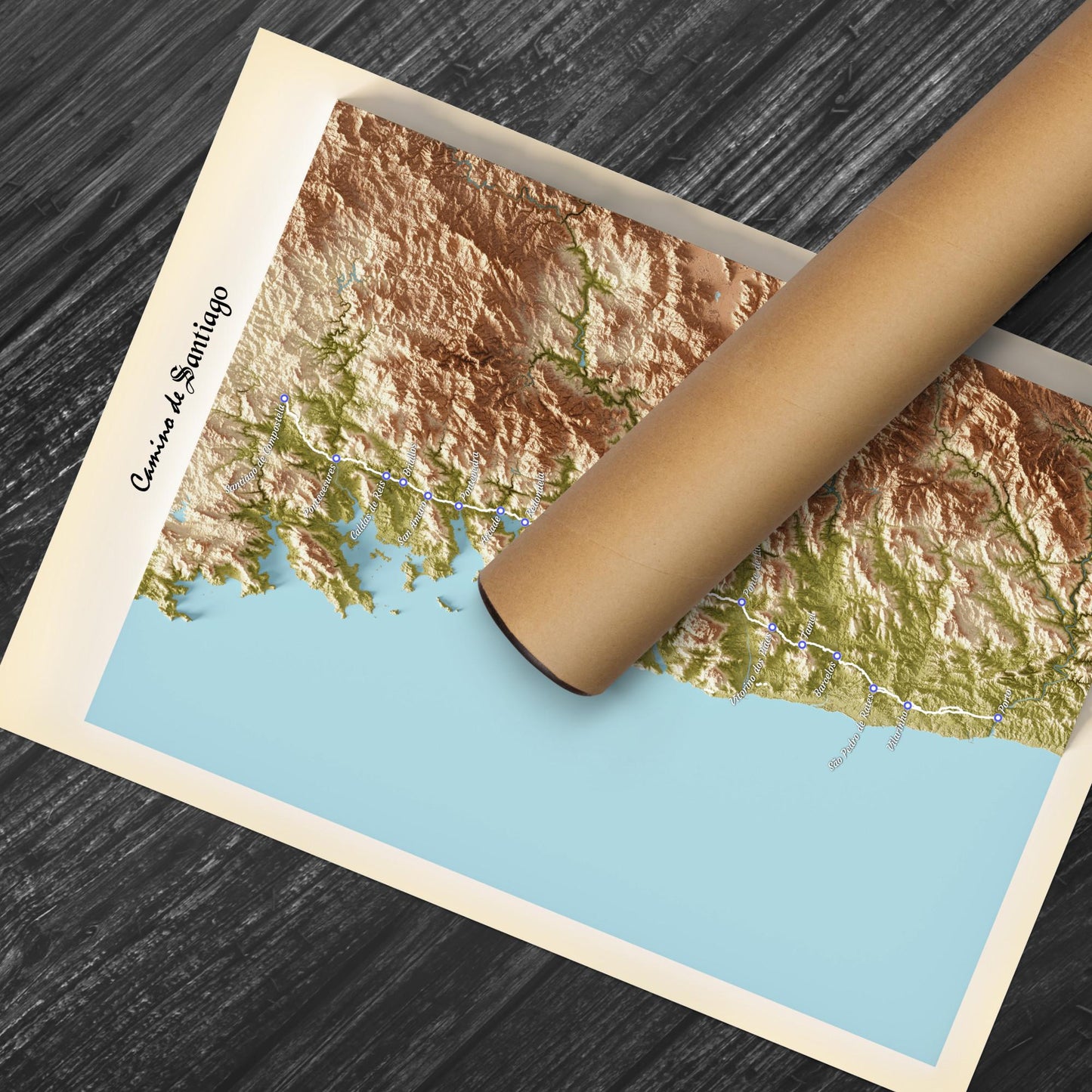 Camino de Santiago 3D Shaded Trail Map | Portuguese Way | A3, A2, A1