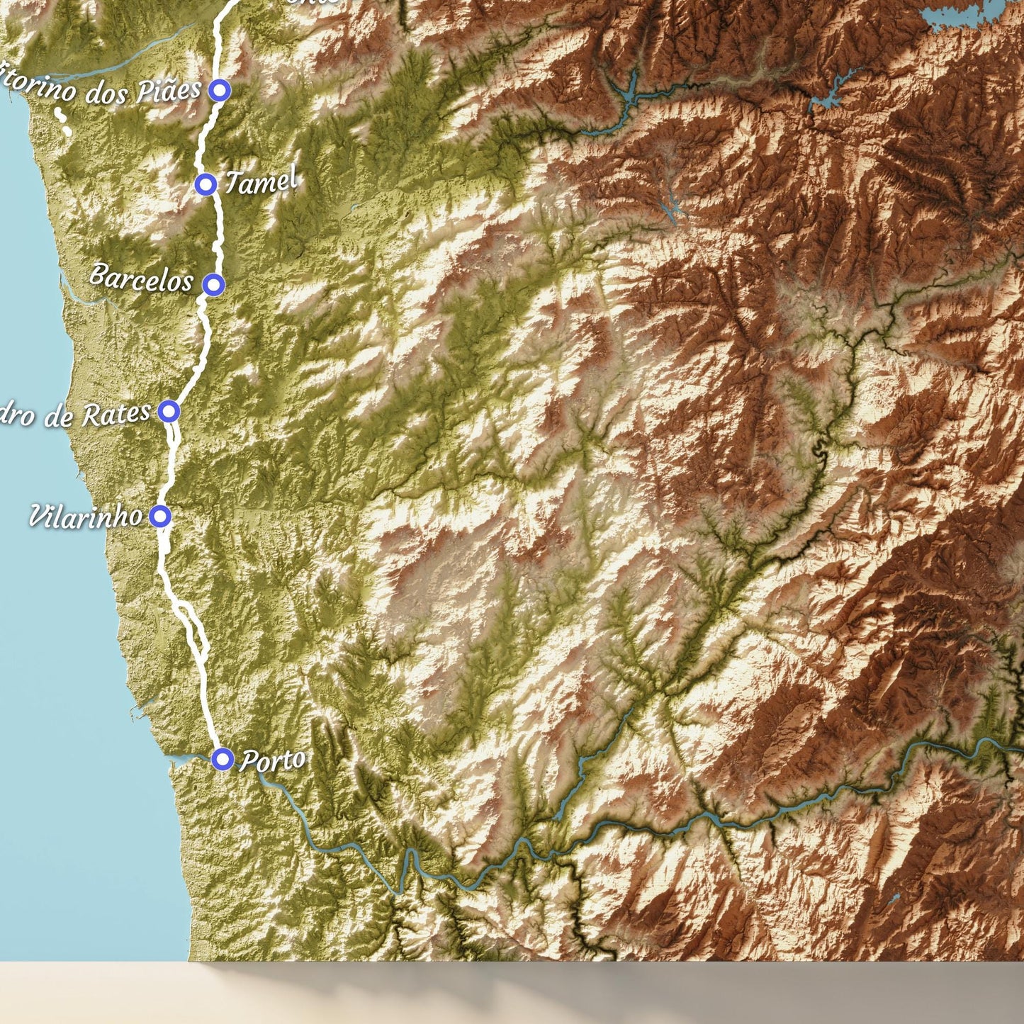 Camino de Santiago 3D Shaded Trail Map | Portuguese Way | A3, A2, A1