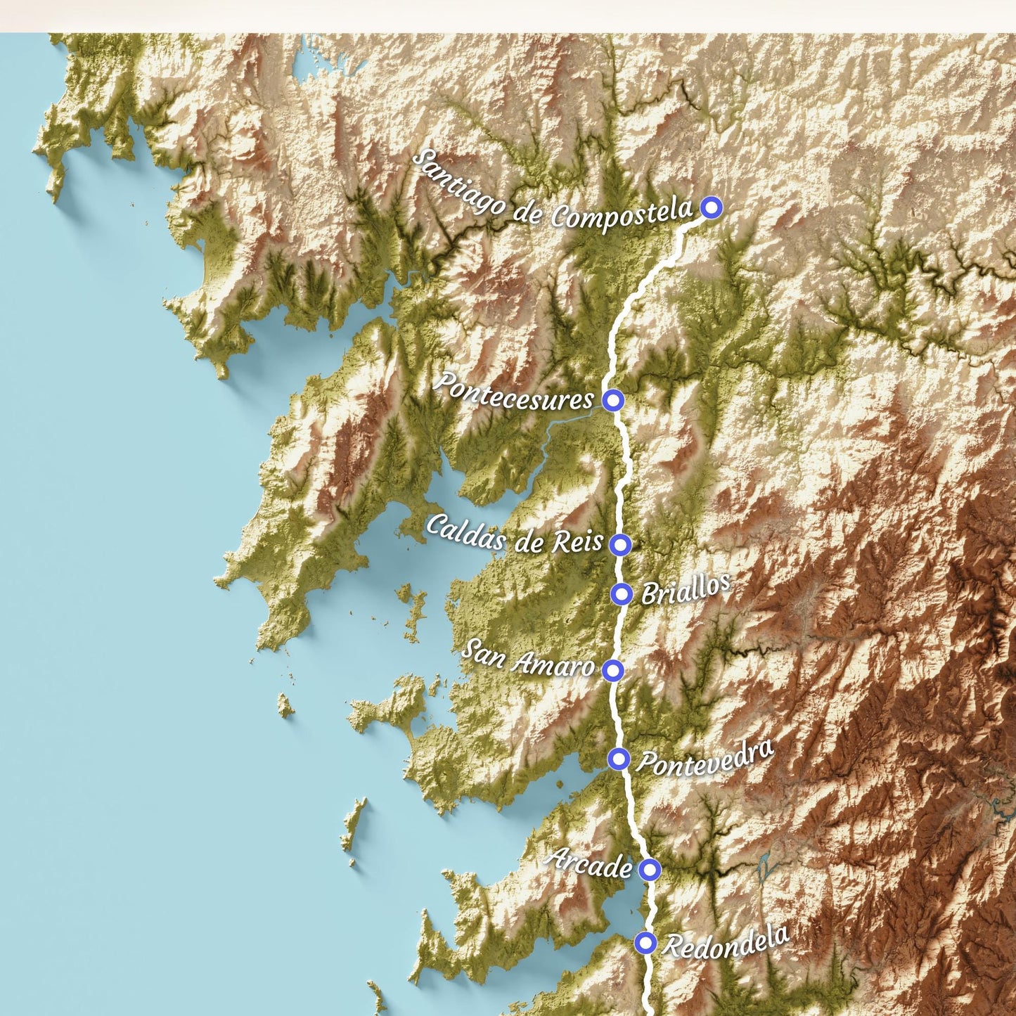 Camino de Santiago 3D Shaded Trail Map | Portuguese Way | A3, A2, A1