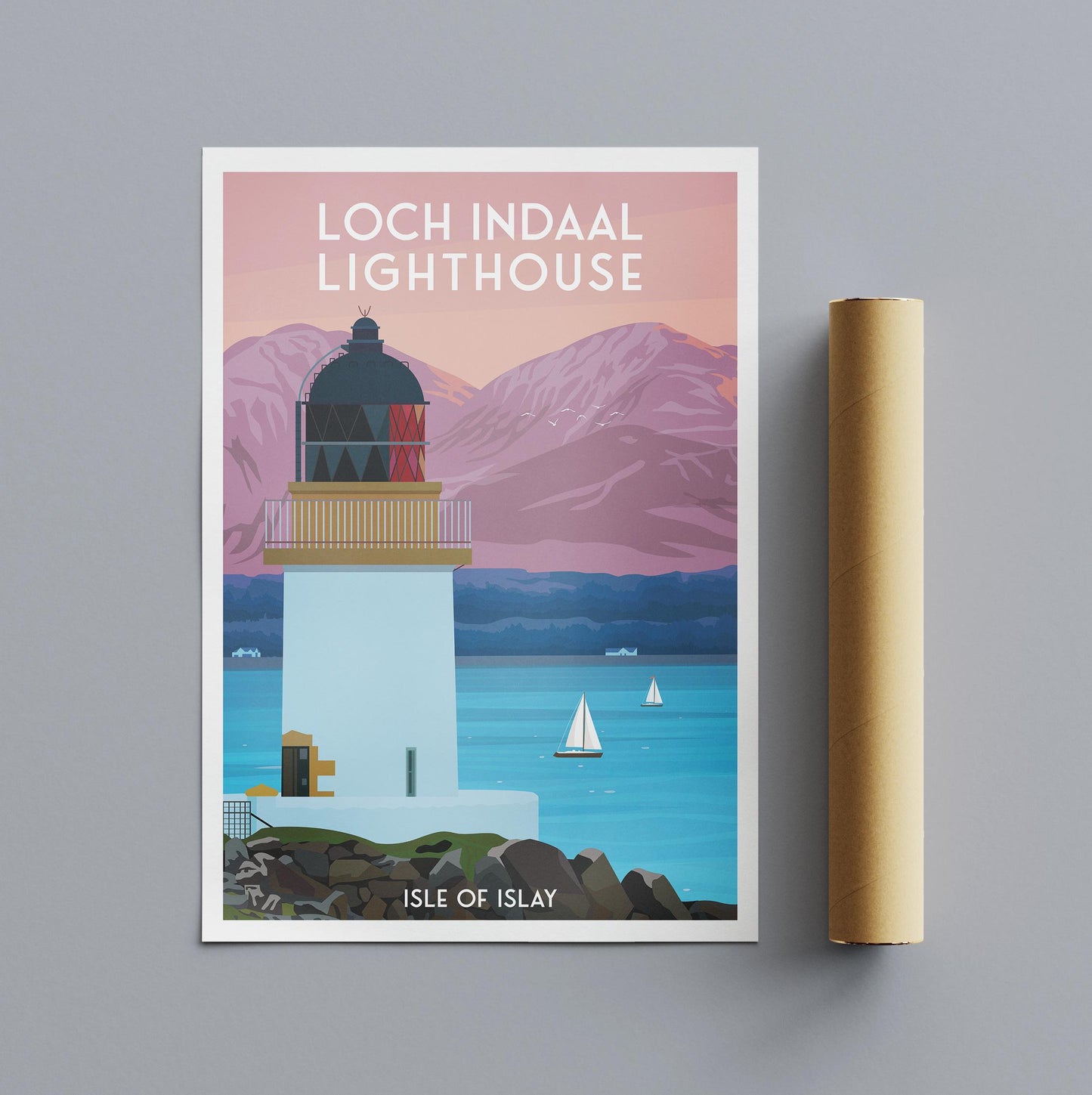 Loch Indaal Lighthouse Travel Poster – Isle of Islay Wall Art | A4 to A1 Sizes | Matt or Satin Finish