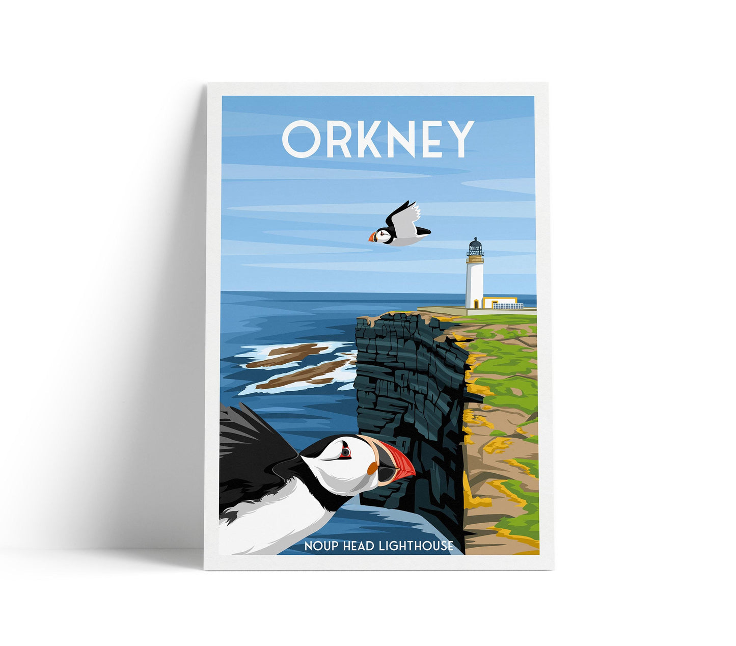 Orkney Noup Head Lighthouse Poster: Vintage Scotland Travel Art with Puffins
