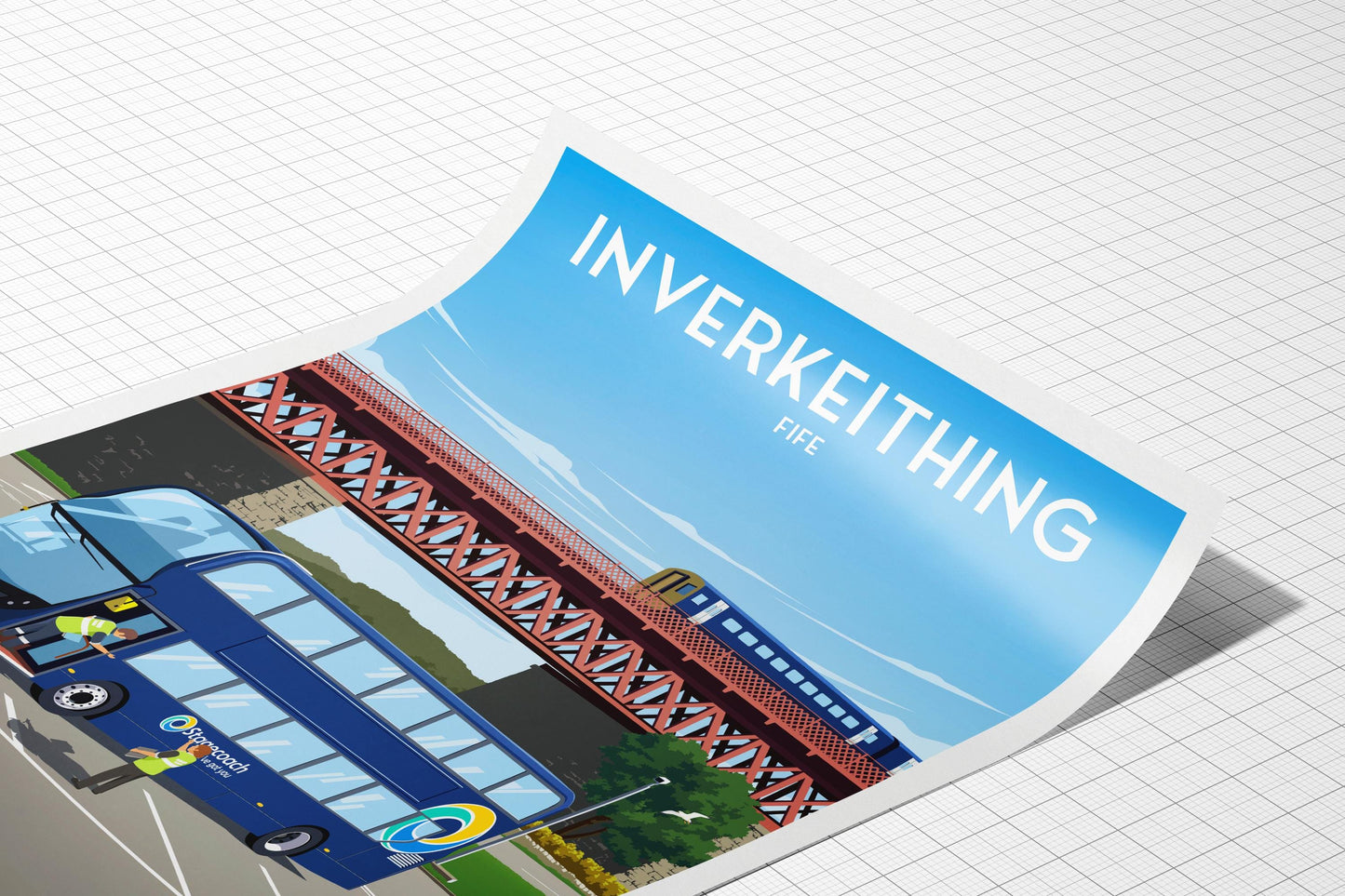 Inverkeithing Park and Ride Travel Poster – Fife Wall Art Print | A4 to A1 | Stagecoach Bus & Rail Bridge Illustration | Scotland Poster