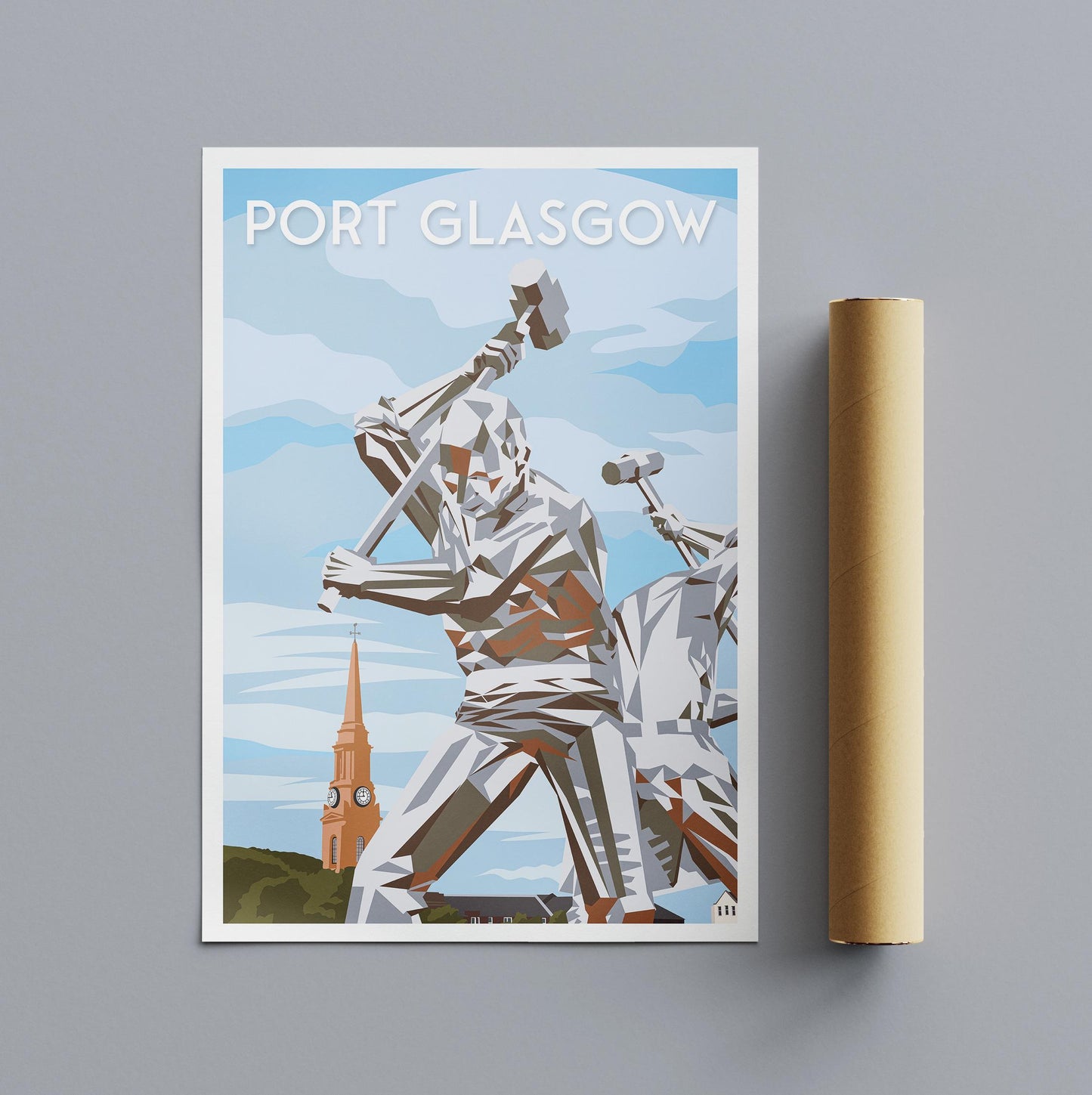 Port Glasgow Travel Poster | The Shipbuilders Sculpture Wall Art Print | Modern Scotland Poster | A4–A1 Sizes