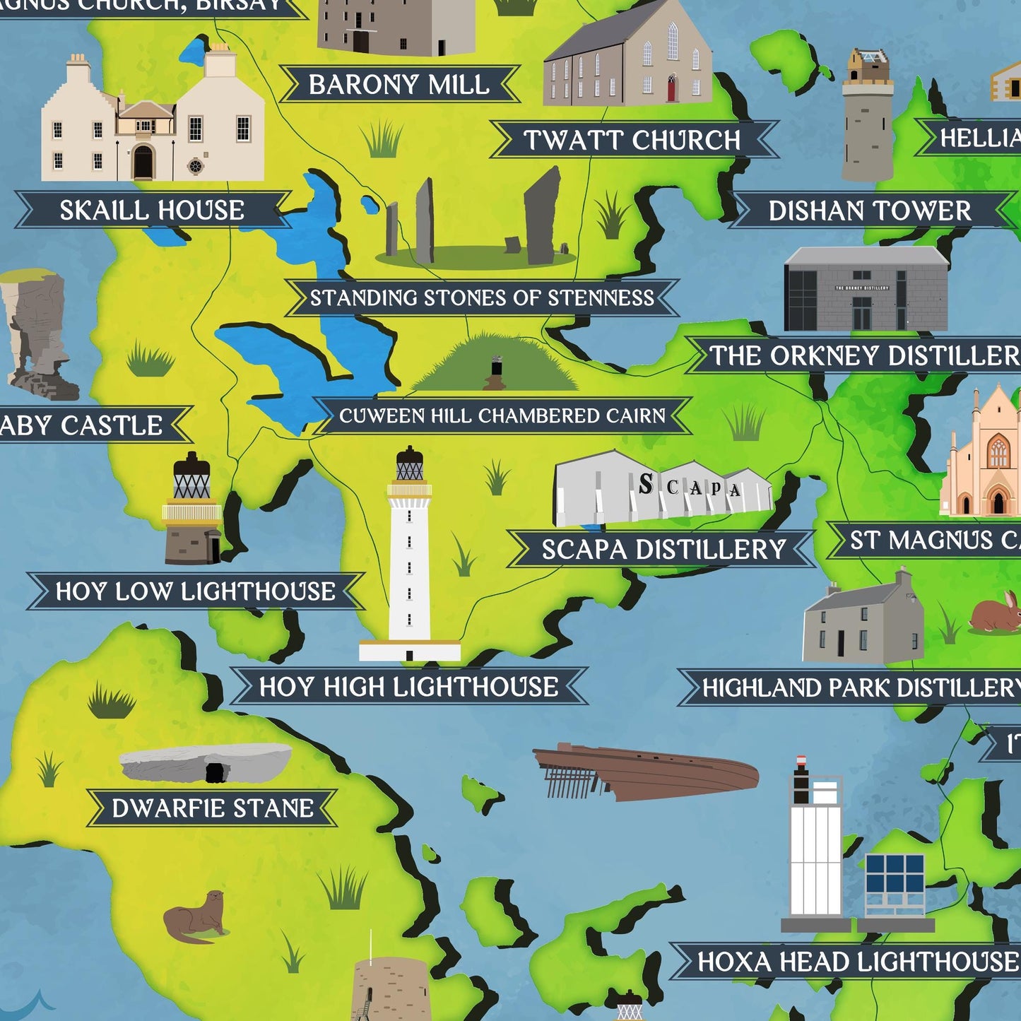 Orkney Islands Illustrated Map Print: Scottish Travel Poster, Coastal Wall Art