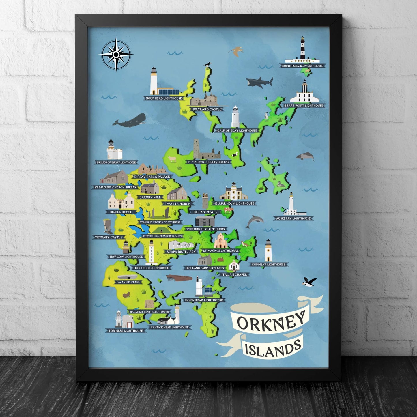 Orkney Islands Illustrated Map Print: Scottish Travel Poster, Coastal Wall Art