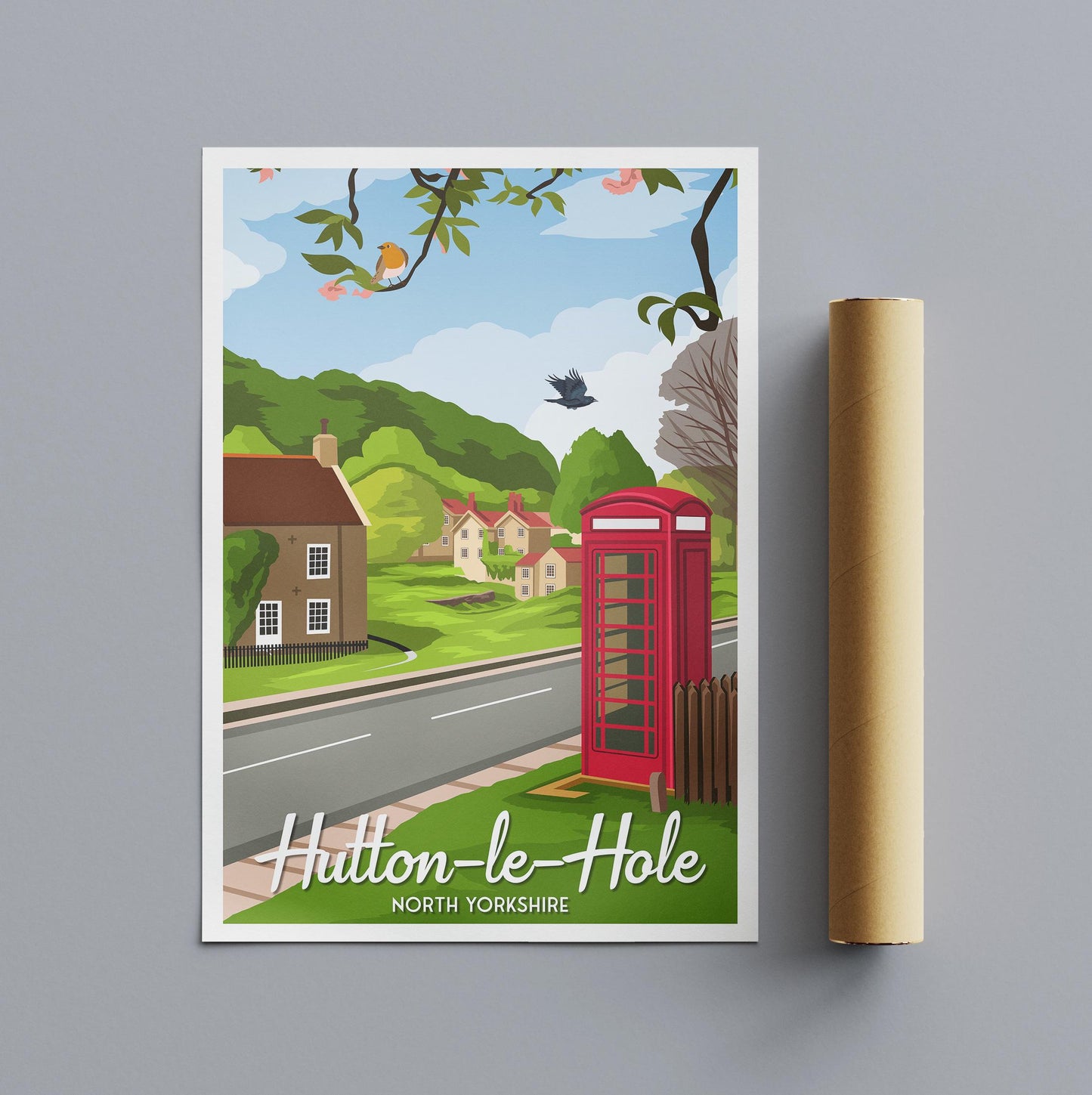 Hutton le Hole Travel Poster: Yorkshire Village, Red Telephone Box