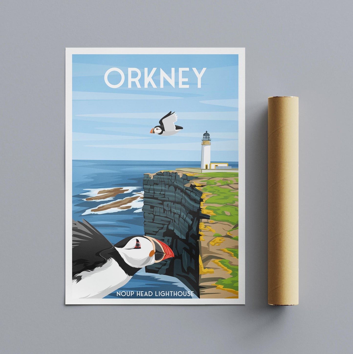 Orkney Noup Head Lighthouse Poster: Vintage Scotland Travel Art with Puffins