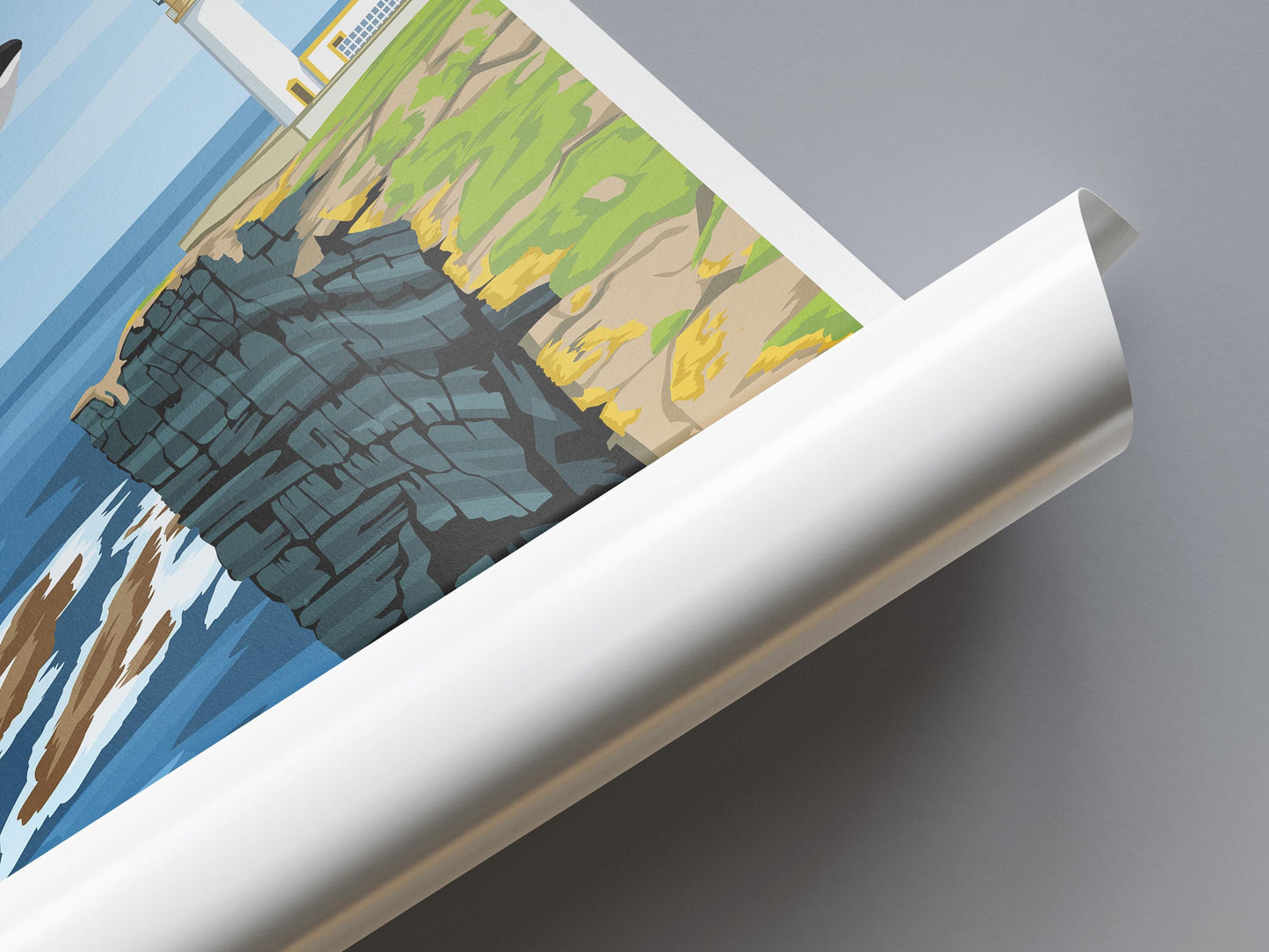 Orkney Noup Head Lighthouse Poster: Vintage Scotland Travel Art with Puffins