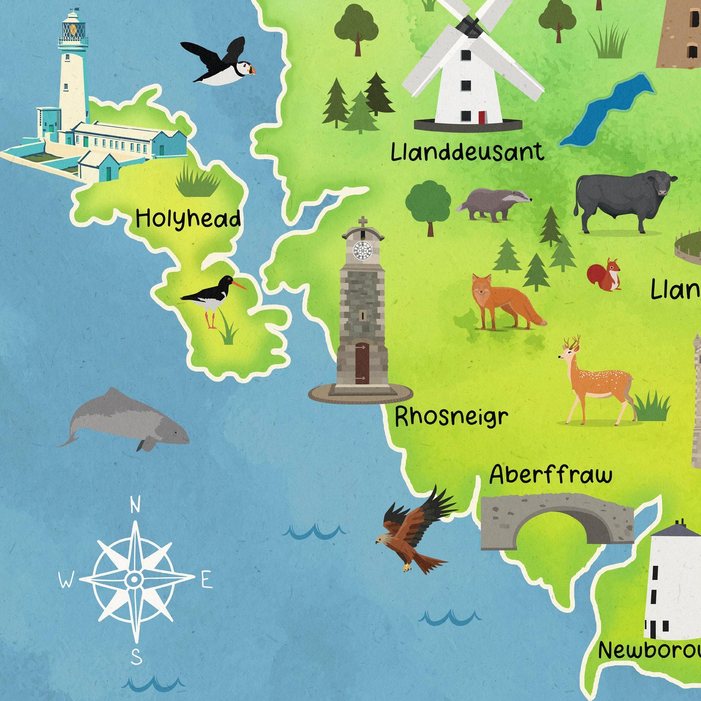 Cute Map of Anglesey Poster | Illustrated Wales Wall Art | A4 – A1 Travel Print | 180gsm Matt or 200gsm Satin