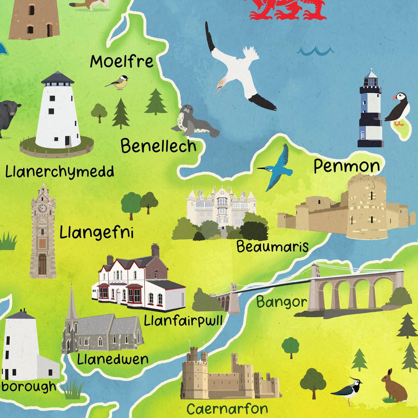 Cute Map of Anglesey Poster | Illustrated Wales Wall Art | A4 – A1 Travel Print | 180gsm Matt or 200gsm Satin