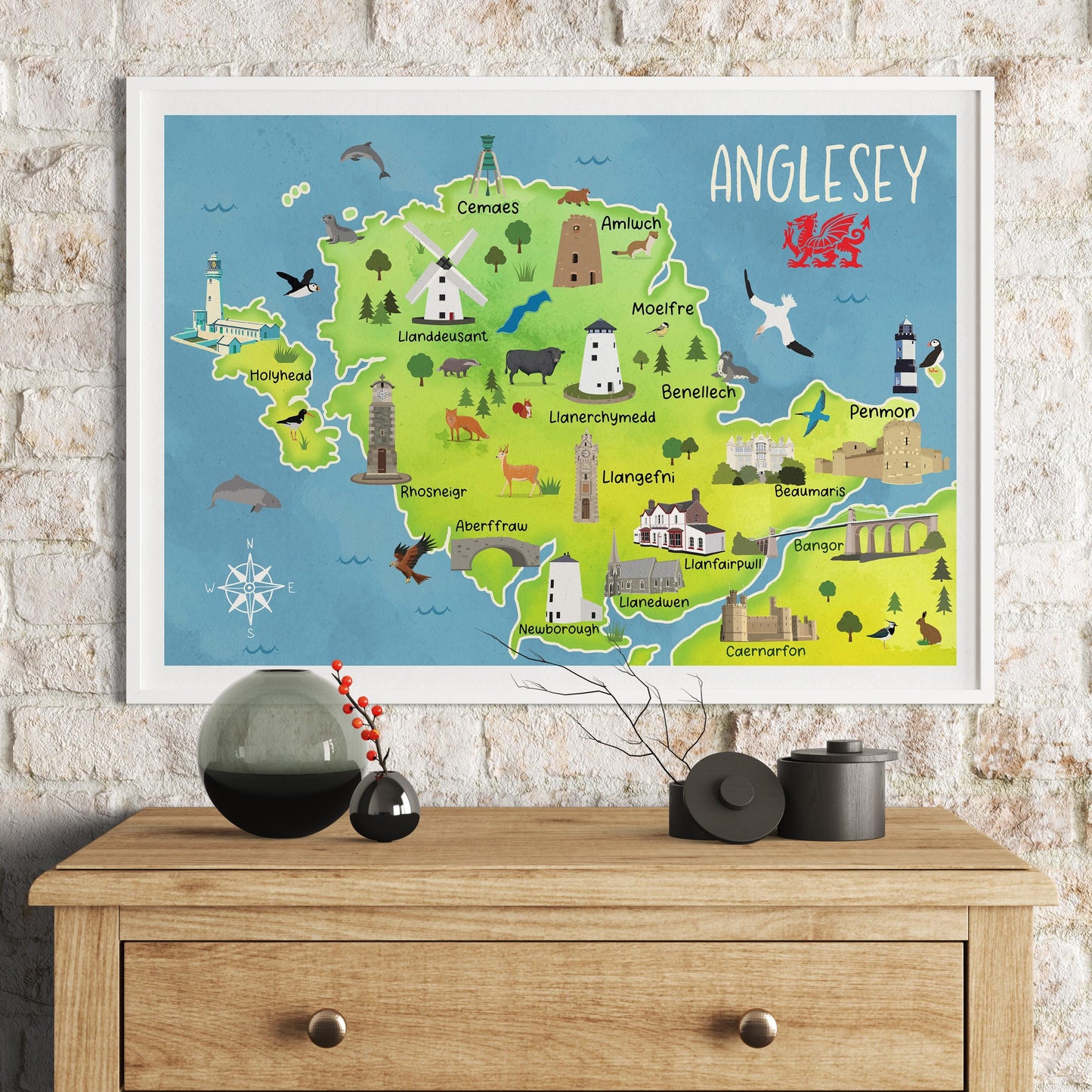 Cute Map of Anglesey Poster | Illustrated Wales Wall Art | A4 – A1 Travel Print | 180gsm Matt or 200gsm Satin