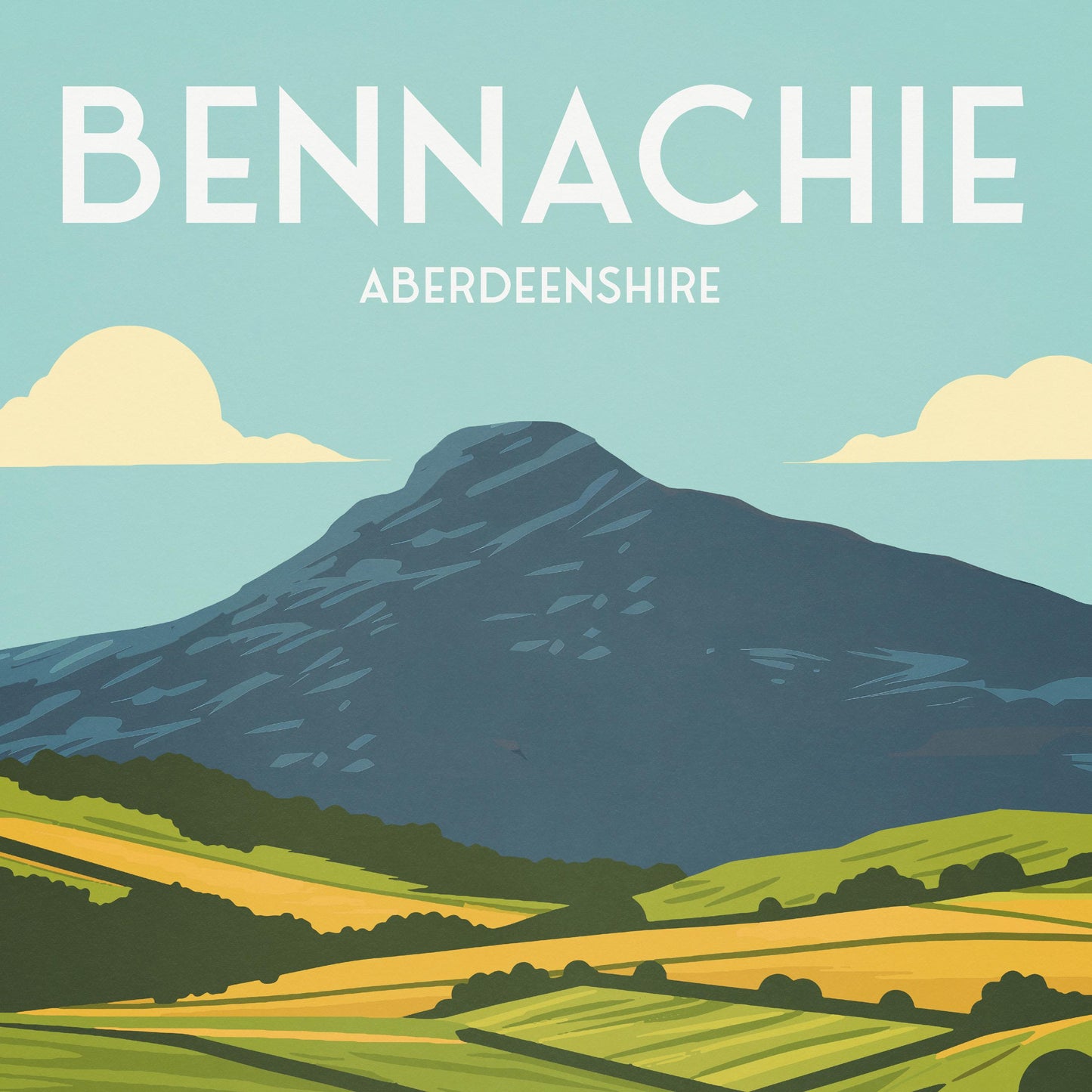 Bennachie Travel Poster, Aberdeenshire Wall Art, Scottish Landscape Print, Vintage Style Illustration (A4–A2)