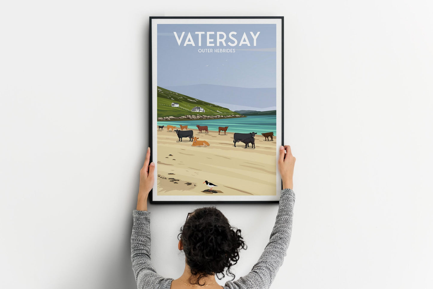 Vatersay – Outer Hebrides Travel Poster | Modern Coastal Wall Art | Cows on the Beach | Scottish Island Print