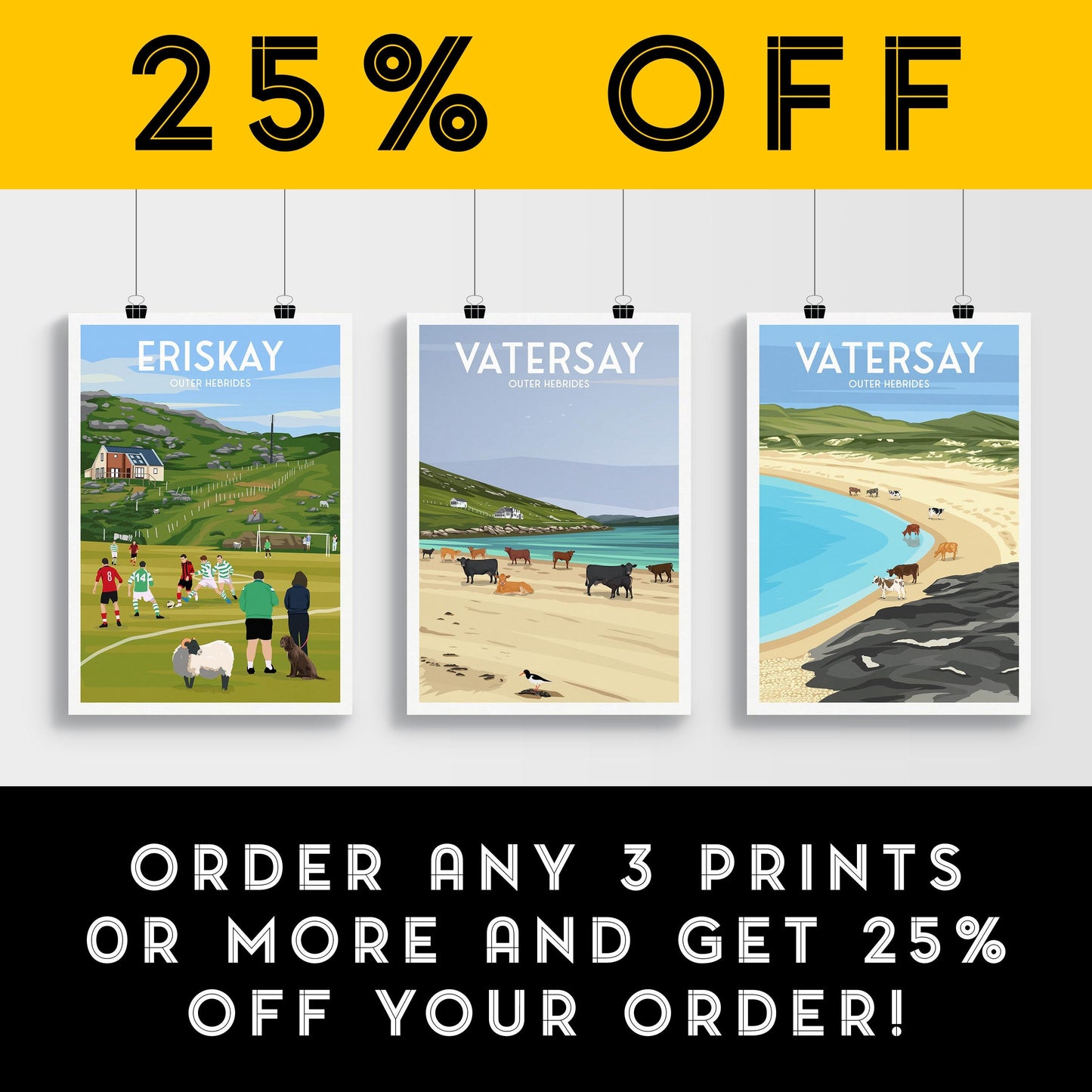 Vatersay – Outer Hebrides Travel Poster | Modern Coastal Wall Art | Cows on the Beach | Scottish Island Print