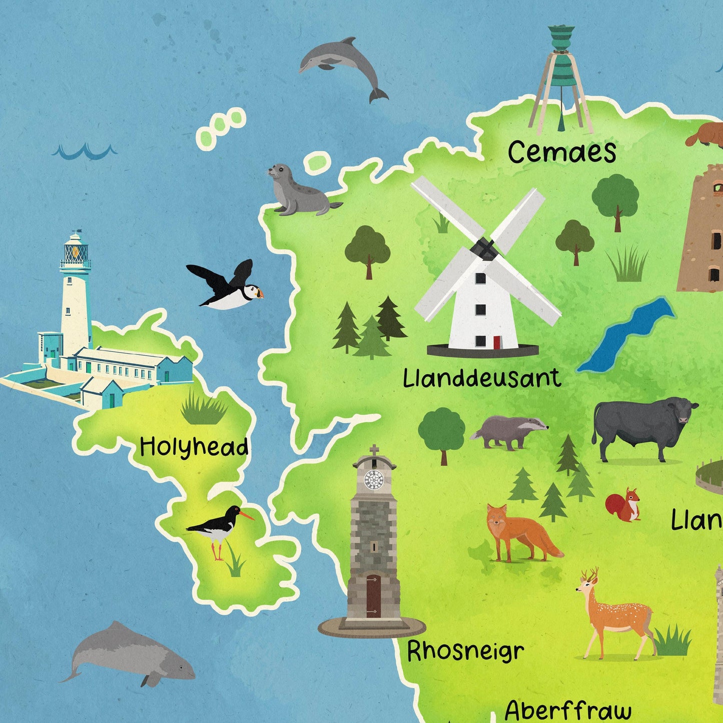 Cute Map of Anglesey Poster | Illustrated Wales Wall Art | A4 – A1 Travel Print | 180gsm Matt or 200gsm Satin