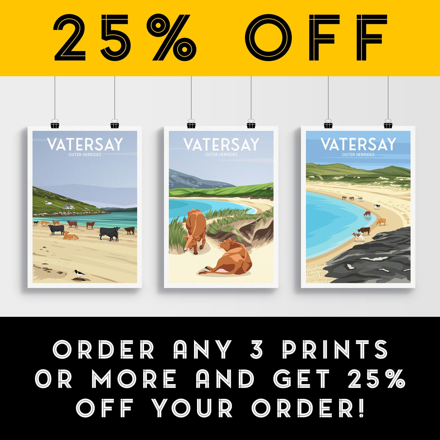 Vatersay Machair Beach Travel Poster | Outer Hebrides Wall Art | Scottish Coastal Landscape Print | Cows on Beach | A4–A1 Matt or Satin