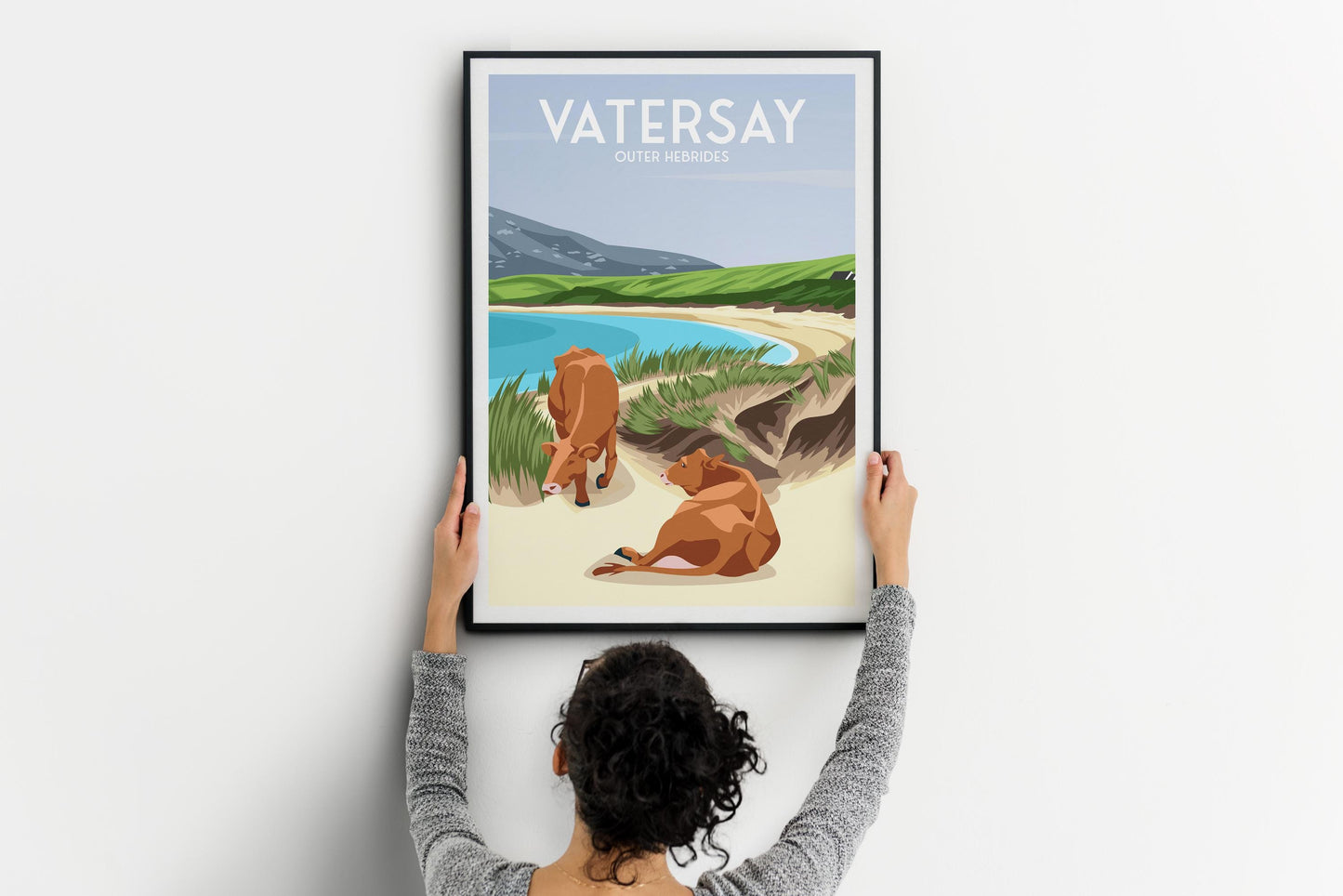 Vatersay Machair Beach Travel Poster | Outer Hebrides Wall Art | Scottish Coastal Landscape Print | Cows on Beach | A4–A1 Matt or Satin