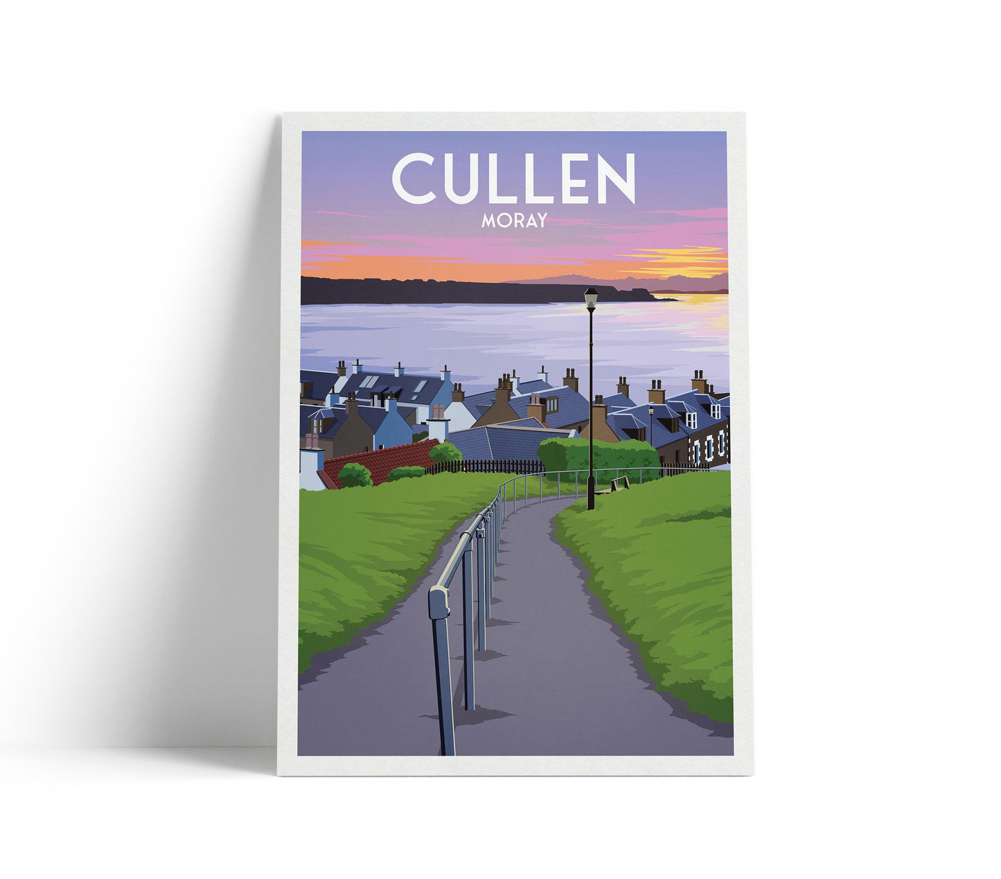 Cullen Travel Poster, Moray Scotland Wall Art – Coastal View Across the Beach to Portknockie – A4 to A1 Print in Matt or Satin