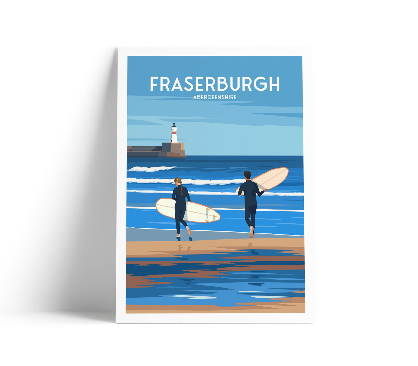 Fraserburgh Travel Poster – Aberdeenshire Coastal Wall Art Print | Surfing Beach & Lighthouse Illustration | A4 to A1 Sizes