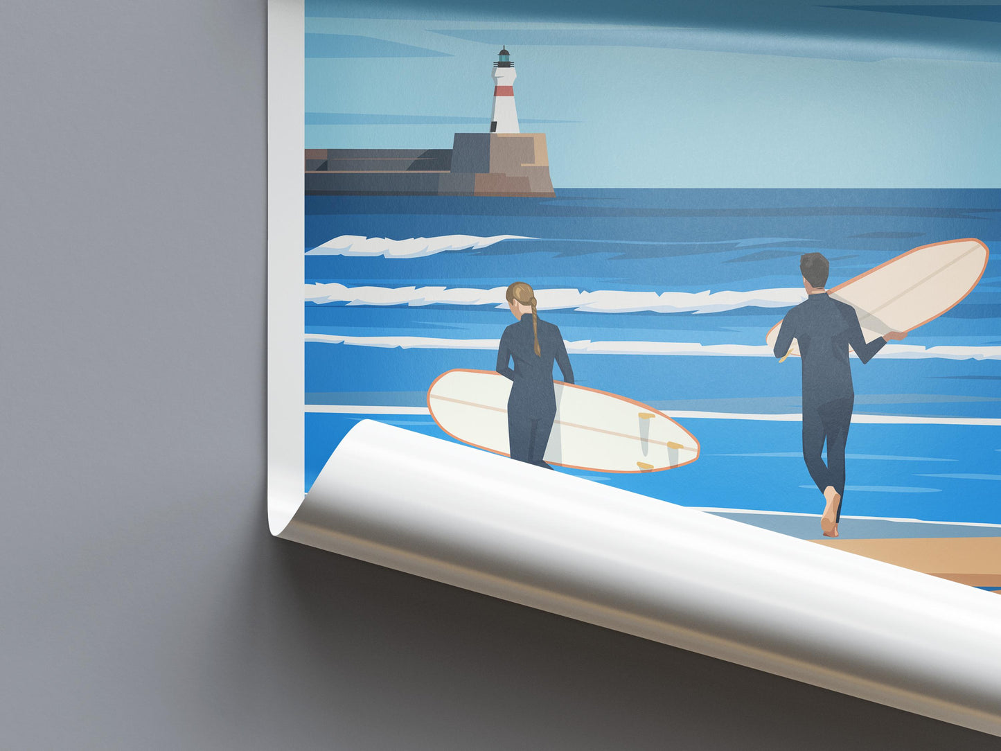 Fraserburgh Travel Poster – Aberdeenshire Coastal Wall Art Print | Surfing Beach & Lighthouse Illustration | A4 to A1 Sizes