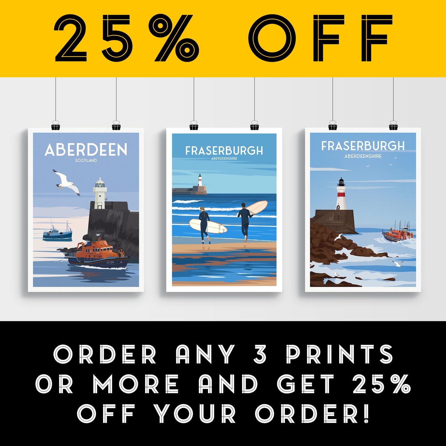 Fraserburgh Travel Poster – Aberdeenshire Coastal Wall Art Print | Surfing Beach & Lighthouse Illustration | A4 to A1 Sizes