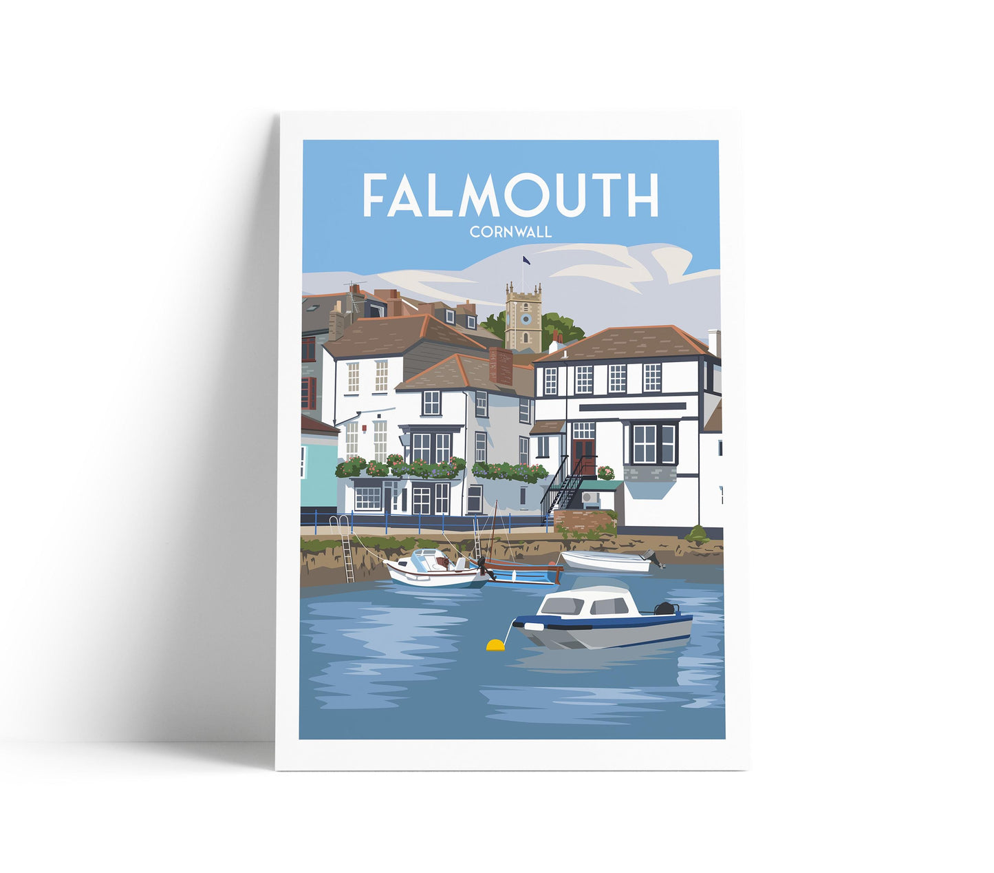 Falmouth Cornwall Travel Poster – A4 to A1 Wall Art Print | Harbour & Boats Illustration | Coastal Home Décor