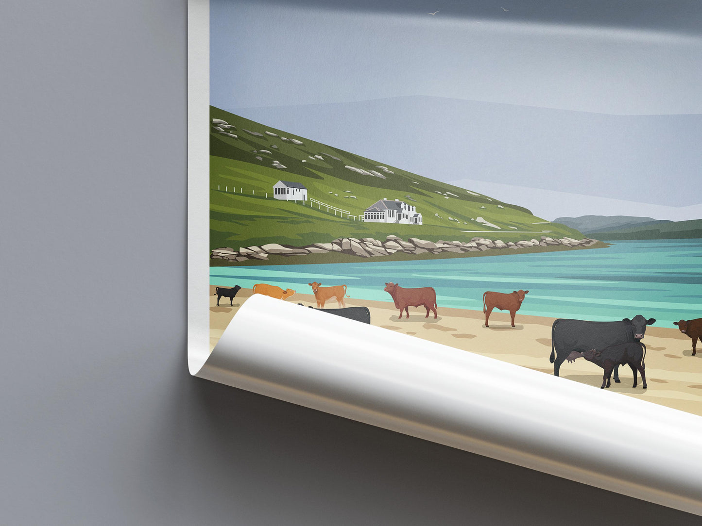 Vatersay – Outer Hebrides Travel Poster | Modern Coastal Wall Art | Cows on the Beach | Scottish Island Print