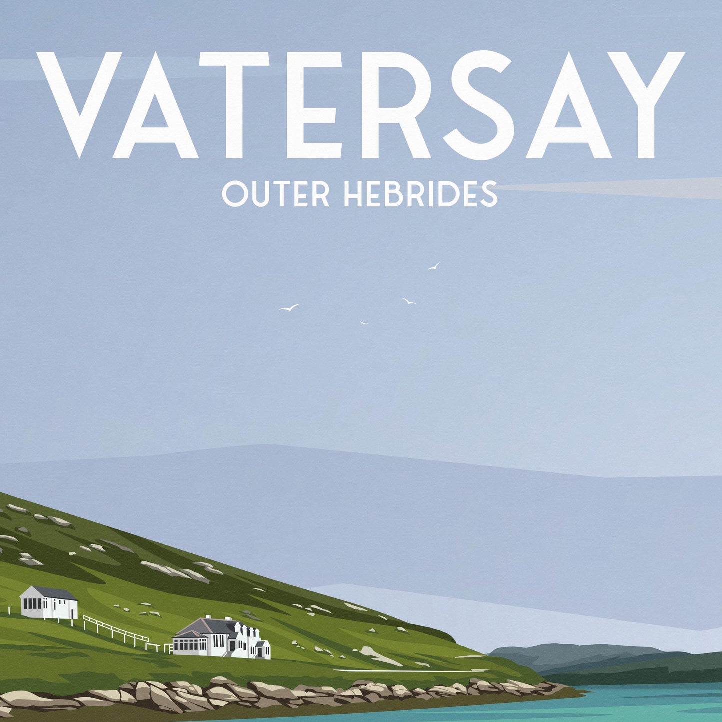 Vatersay – Outer Hebrides Travel Poster | Modern Coastal Wall Art | Cows on the Beach | Scottish Island Print