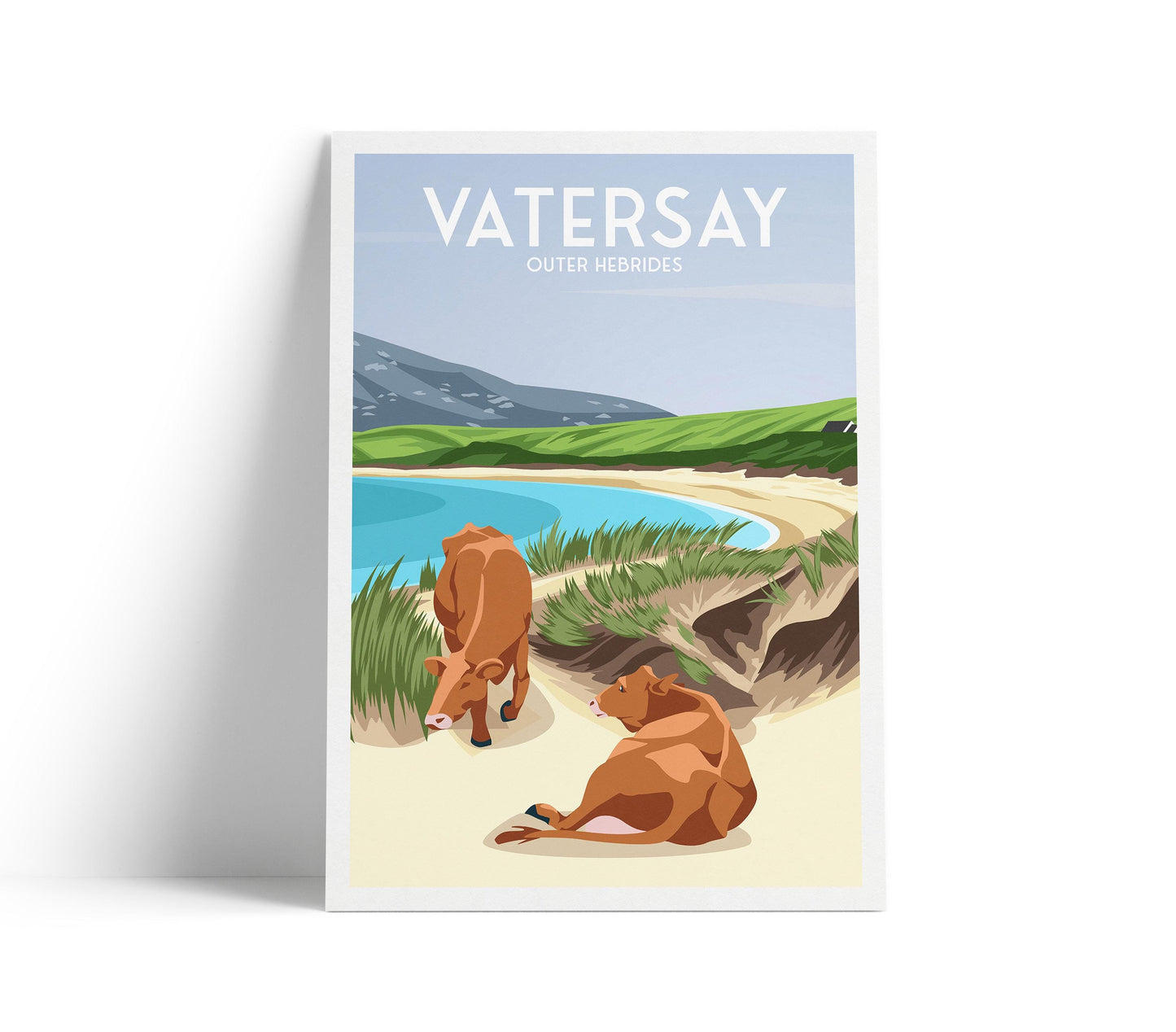Vatersay Machair Beach Travel Poster | Outer Hebrides Wall Art | Scottish Coastal Landscape Print | Cows on Beach | A4–A1 Matt or Satin